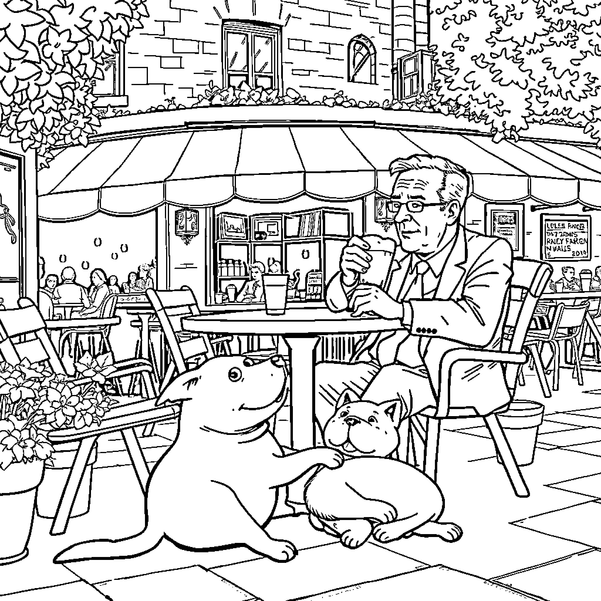 Nigel Farage relaxing at a cafe with his dog Coloring Page (free black-and-white line drawing printable PDF for all, from beginners to advanced learners, including children, teens, adults, and seniors)