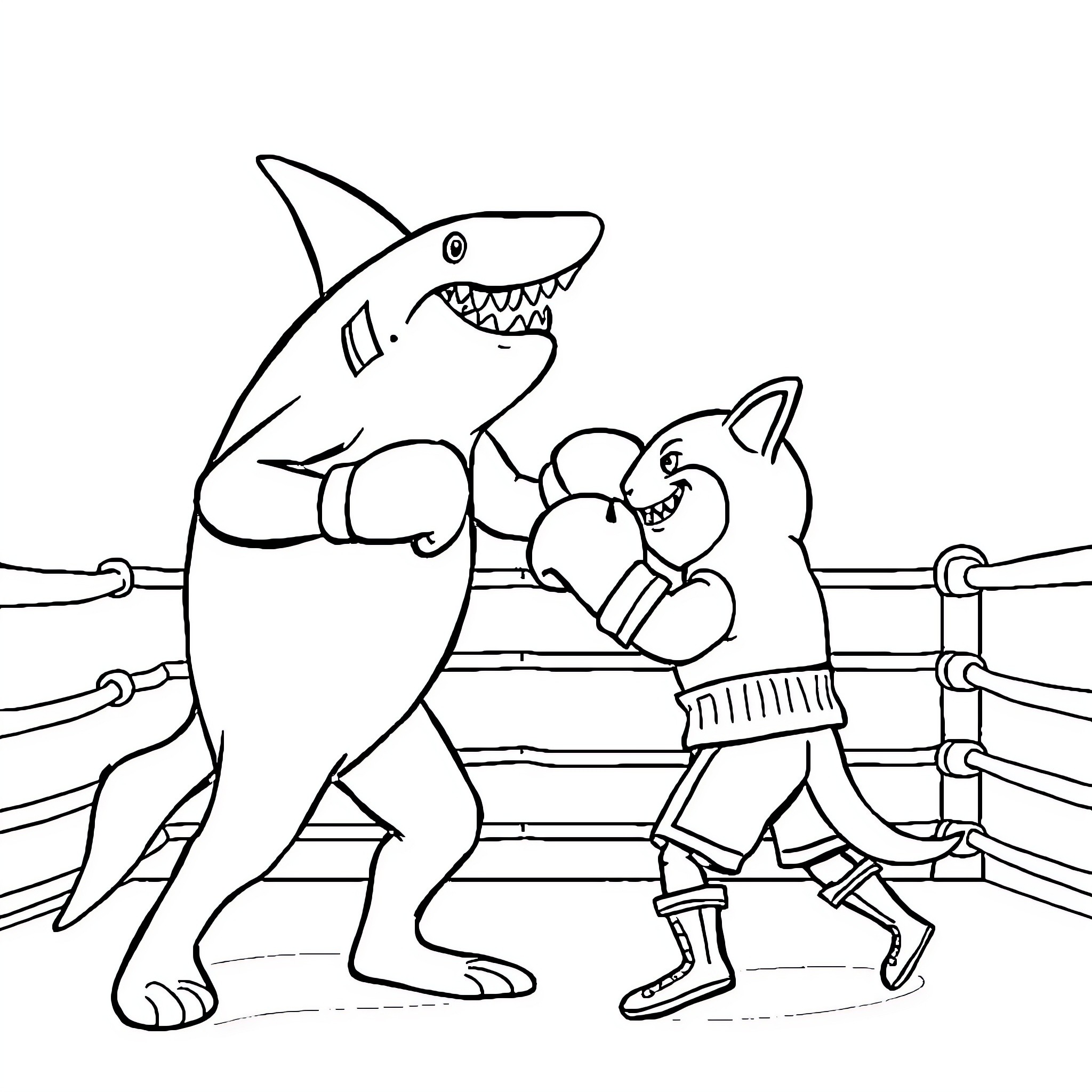 Shark fighting with a boxer in the ring Coloring Page (free black-and-white line drawing printable PDF for all, from beginners to advanced learners, including children, teens, adults, and seniors)