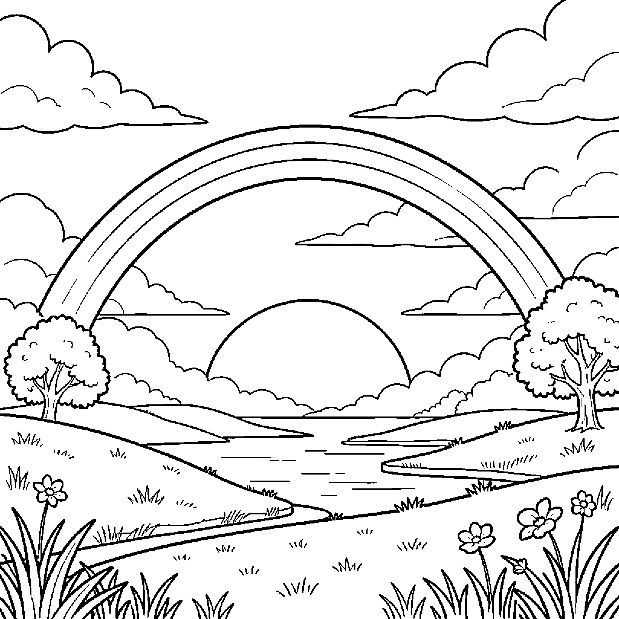 Sunset landscape with a rainbow arch Coloring Page (free black-and-white line drawing printable PDF for all, from beginners to advanced learners, including children, teens, adults, and seniors)