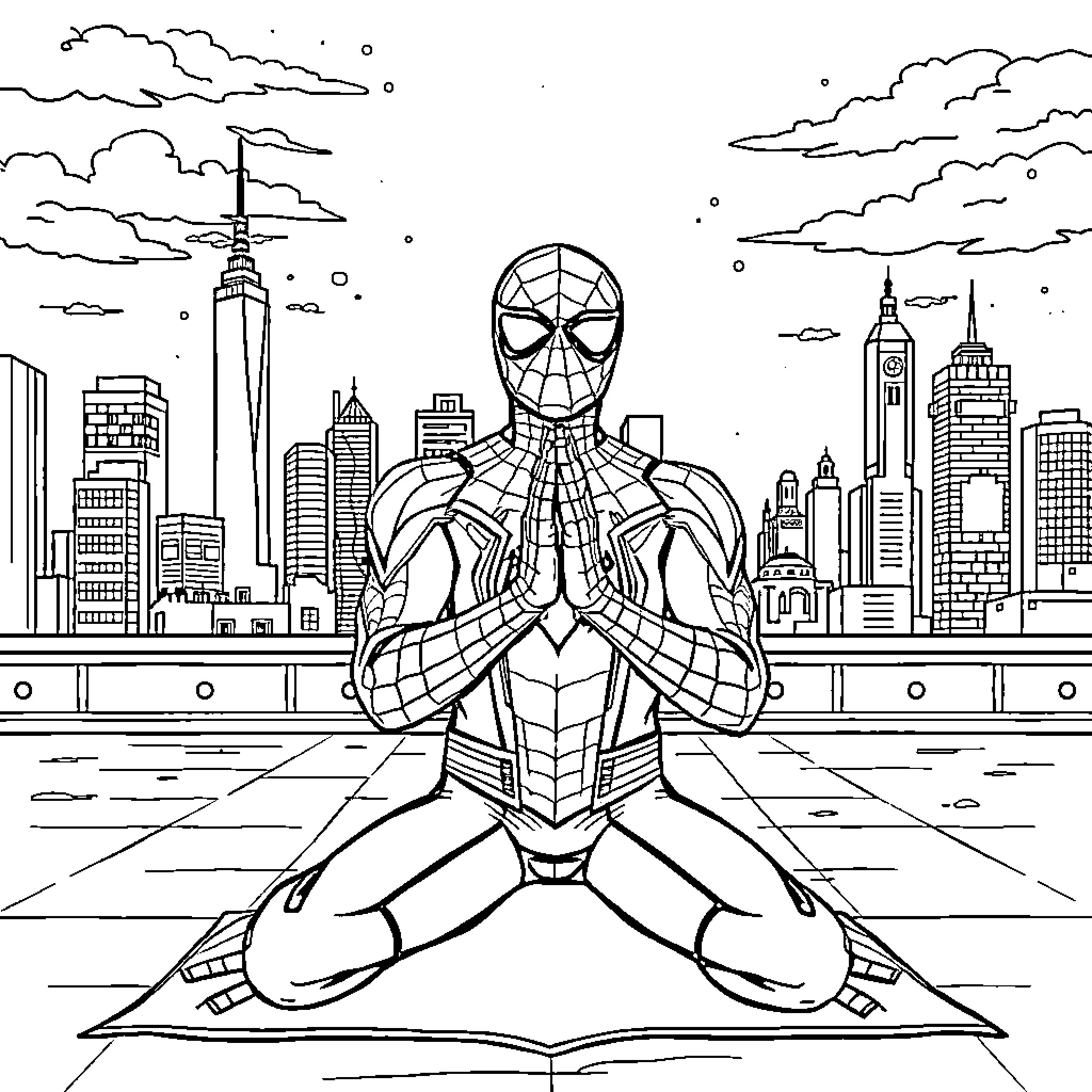 Spiderman in heroic pose over the city skyline Coloring Page (free black-and-white line drawing printable PDF for all, from beginners to advanced learners, including children, teens, adults, and seniors)