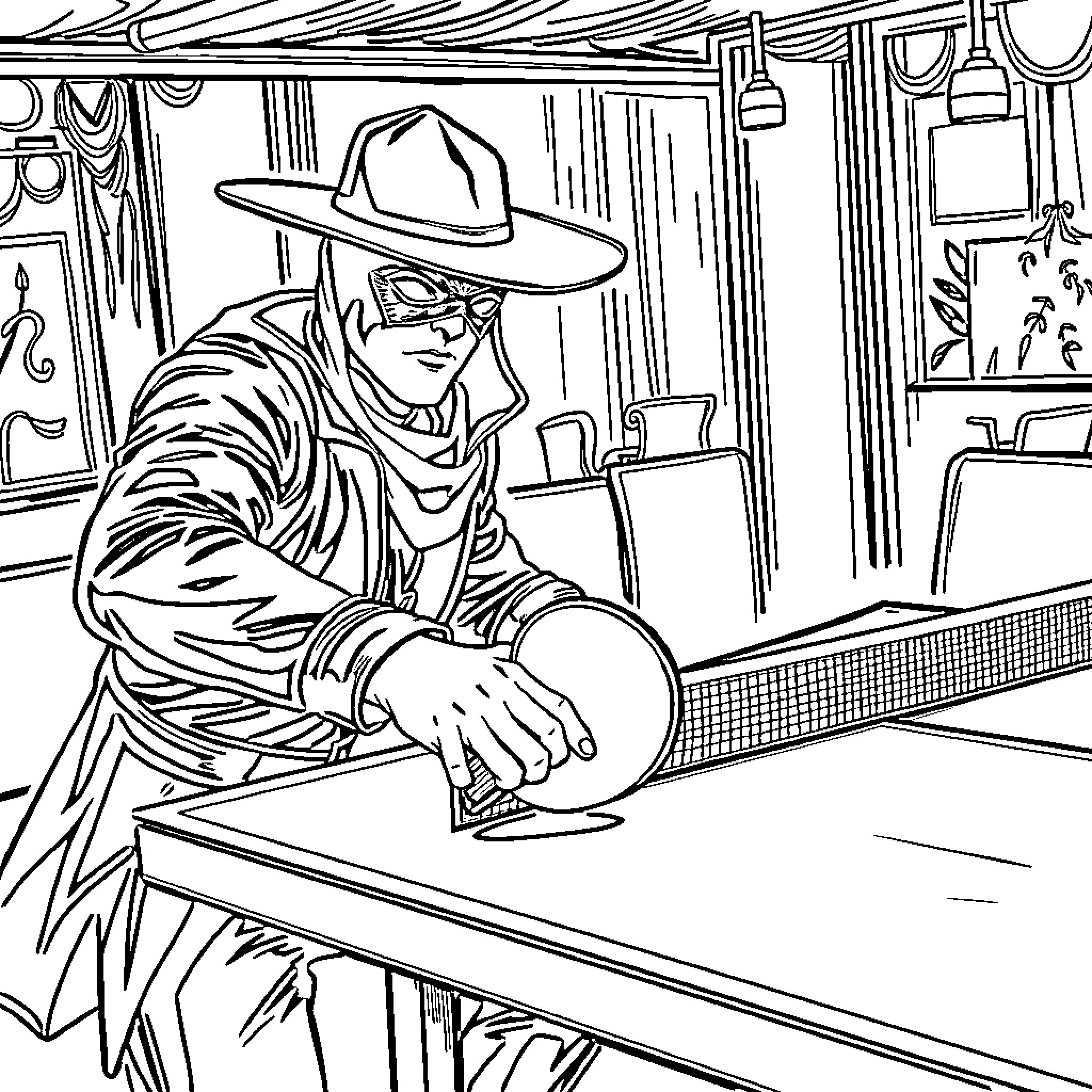 Zorro outlaw sitting in a saloon Coloring Page (free black-and-white line drawing printable PDF for all, from beginners to advanced learners, including children, teens, adults, and seniors)