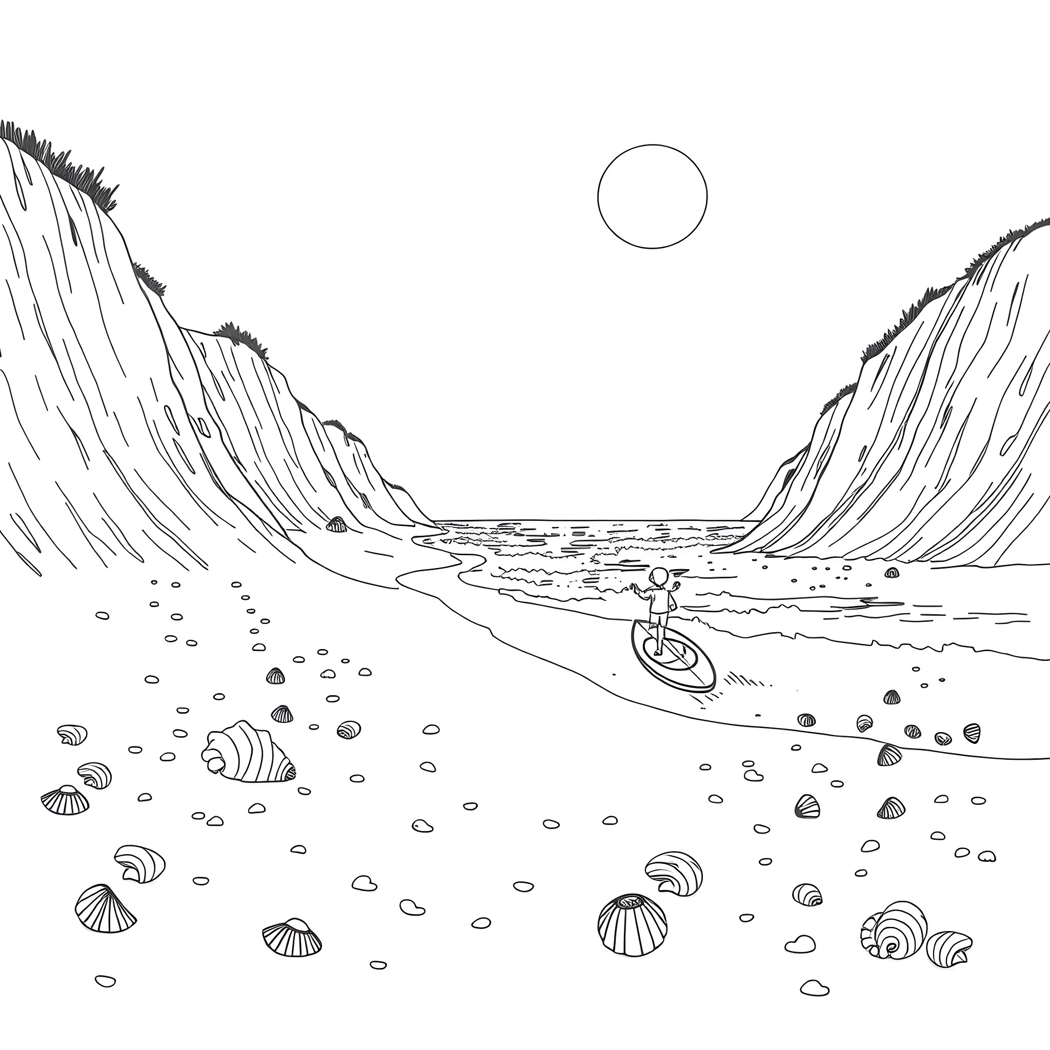 Jb Maundy Serene Underwater Seascape Coloring Page (free black-and-white line drawing printable PDF for all, from beginners to advanced learners, including children, teens, adults, and seniors)