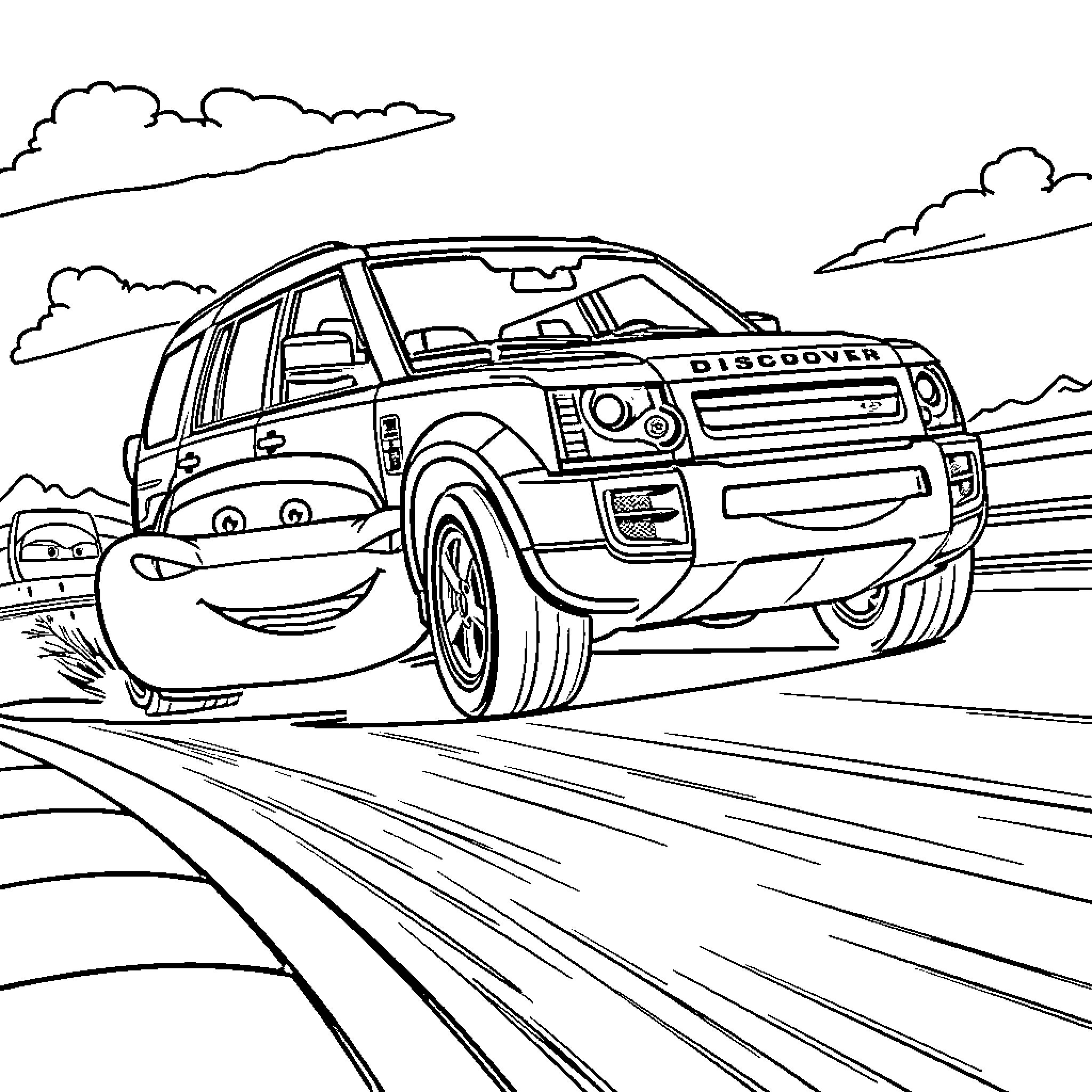 Landrover SUV speeding down the road Coloring Page (free black-and-white line drawing printable PDF for all, from beginners to advanced learners, including children, teens, adults, and seniors)