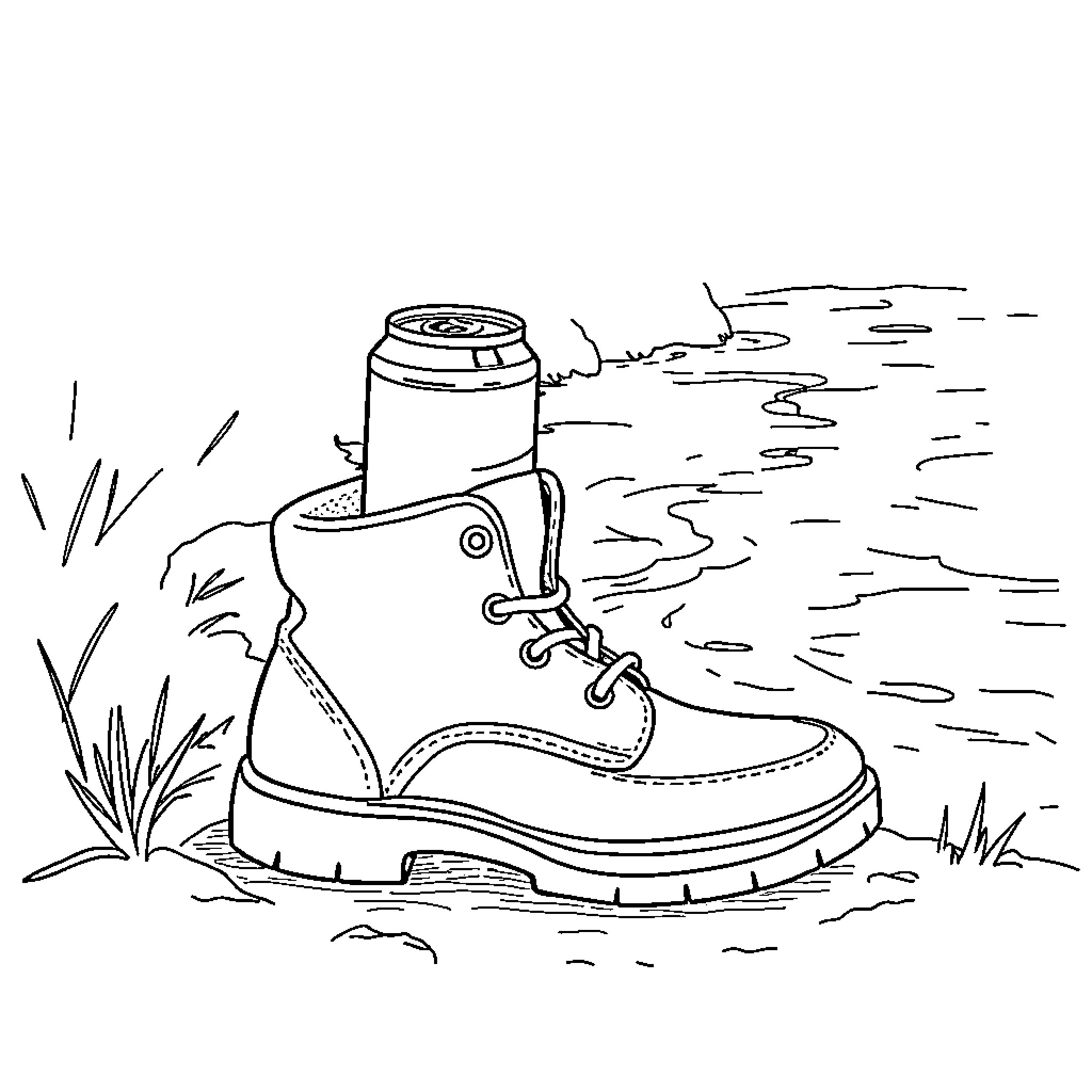 Shoe hiking through nature Coloring Page (free black-and-white line drawing printable PDF for all, from beginners to advanced learners, including children, teens, adults, and seniors)