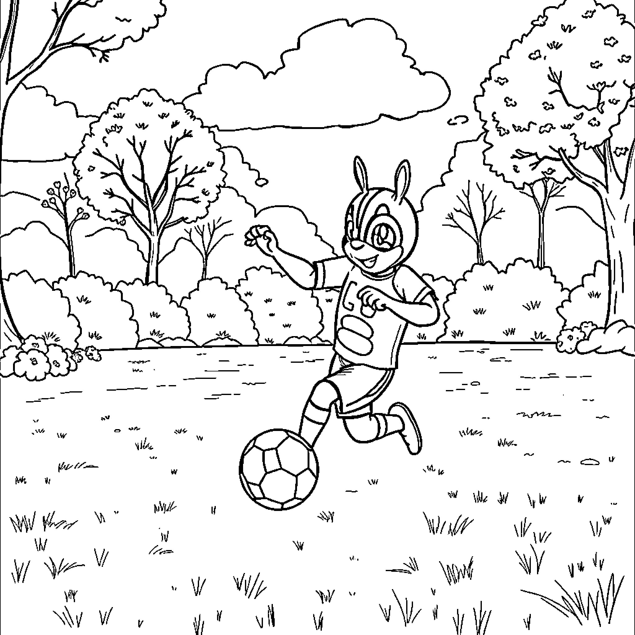 Pat Patrouille character playing with soccer ball in forest landscape Coloring Page (free black-and-white line drawing printable PDF for all, from beginners to advanced learners, including children, teens, adults, and seniors)