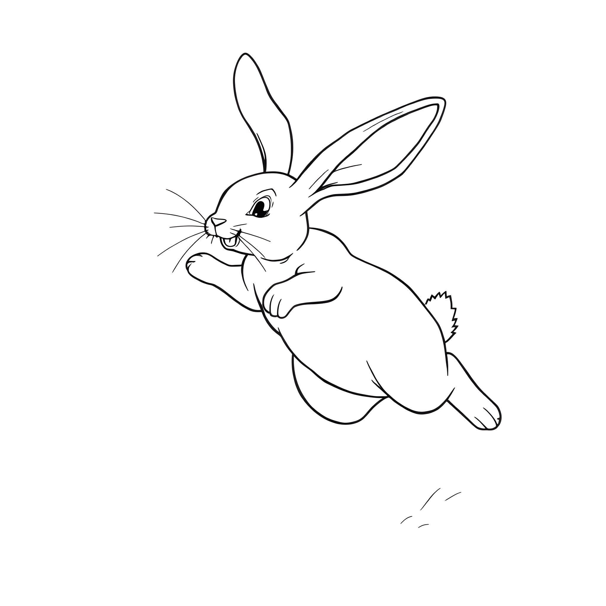 Rabbit hopping happily on the ground Coloring Page (free black-and-white line drawing printable PDF for all, from beginners to advanced learners, including children, teens, adults, and seniors)