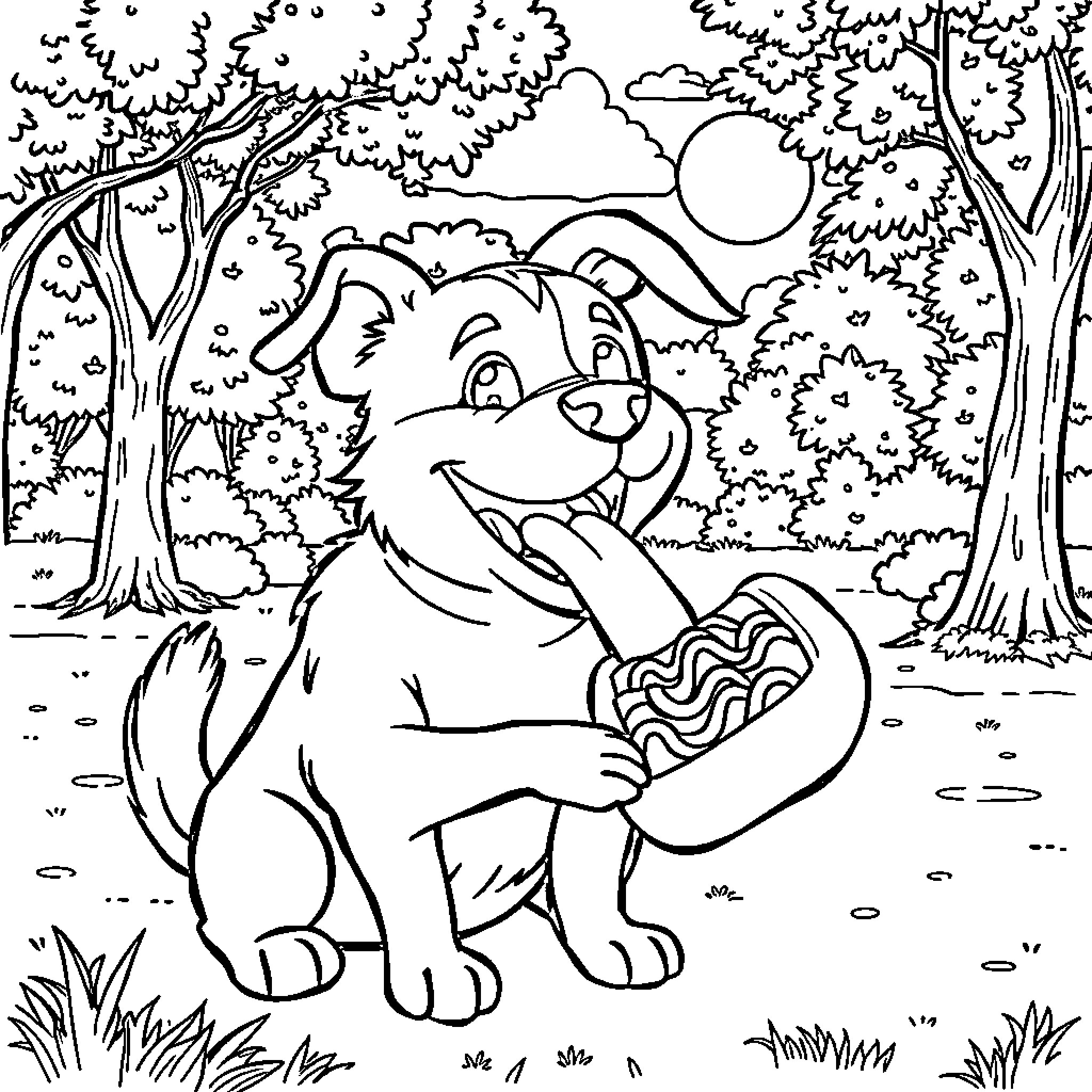 Dog exploring the forest with a basket Coloring Page (free black-and-white line drawing printable PDF for all, from beginners to advanced learners, including children, teens, adults, and seniors)