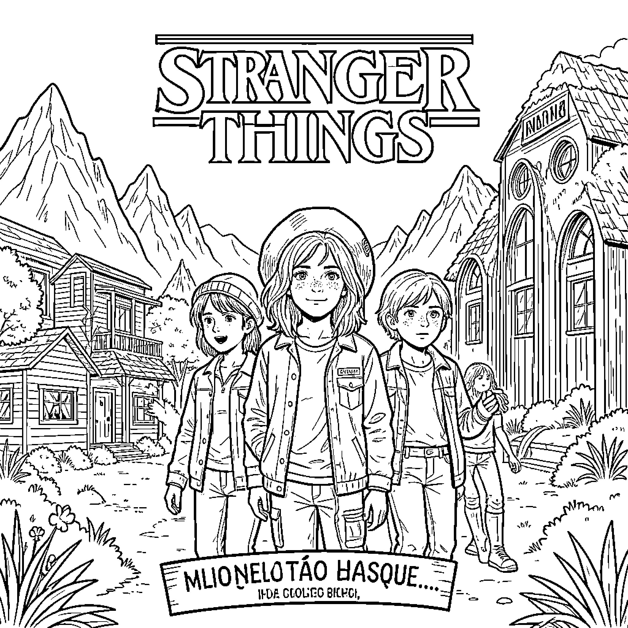 Stranger Things characters standing together in a small town Coloring Page (free black-and-white line drawing printable PDF for all, from beginners to advanced learners, including children, teens, adults, and seniors)