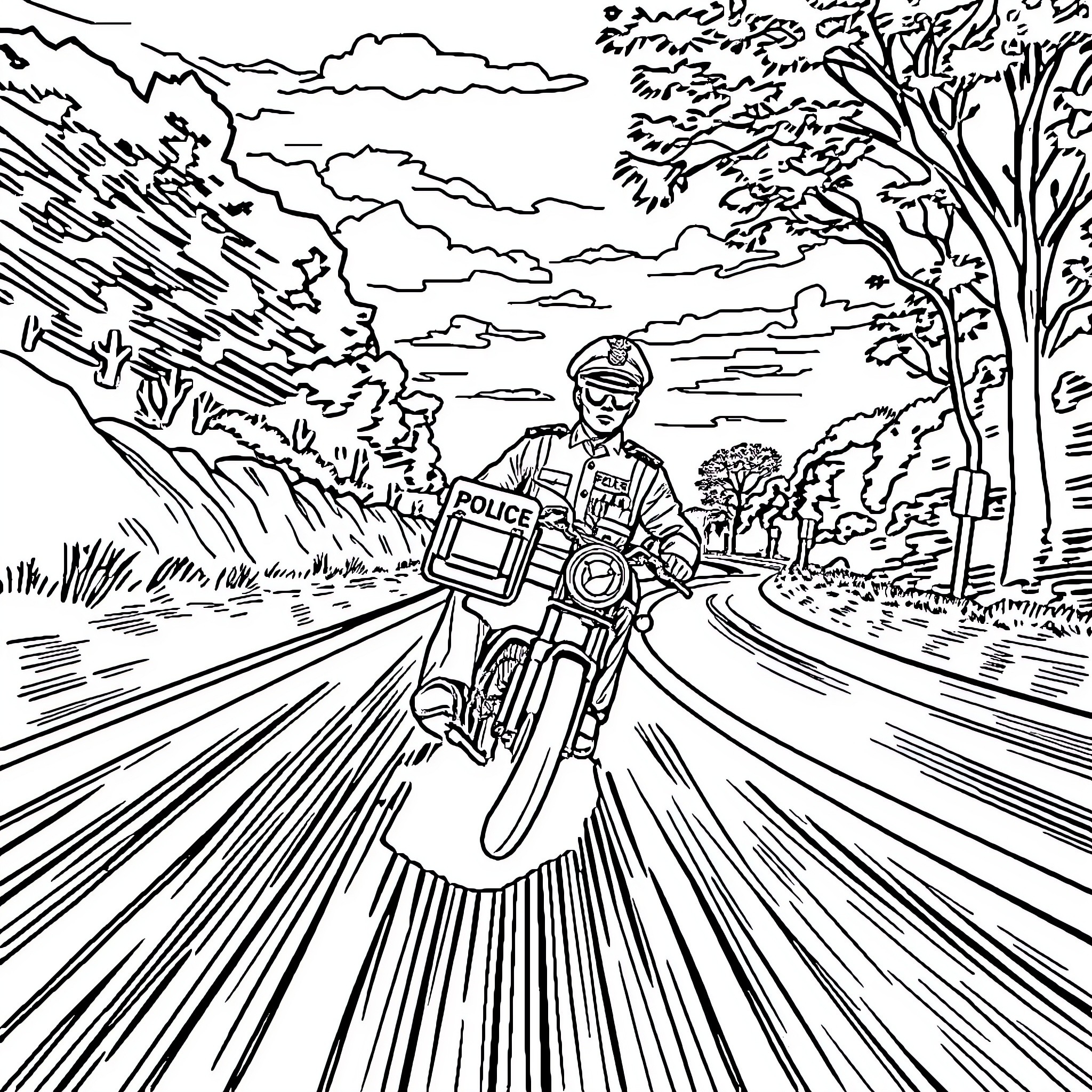 Police Officer Patrolling on Motorcycle in Scenic Landscape Coloring Page (free black-and-white line drawing printable PDF for all, from beginners to advanced learners, including children, teens, adults, and seniors)