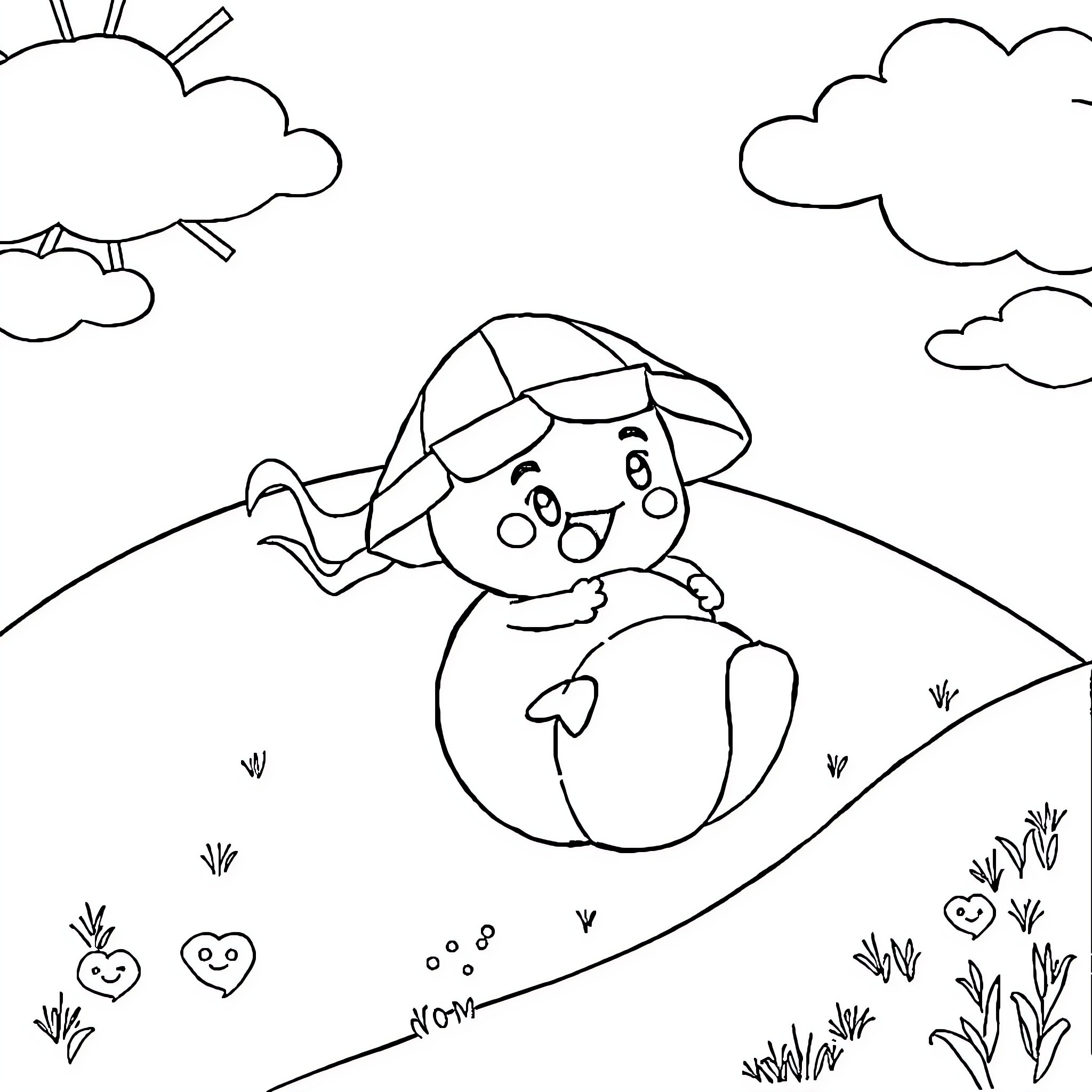 Labubu exploring a sunny meadow Coloring Page (free black-and-white line drawing printable PDF for all, from beginners to advanced learners, including children, teens, adults, and seniors)