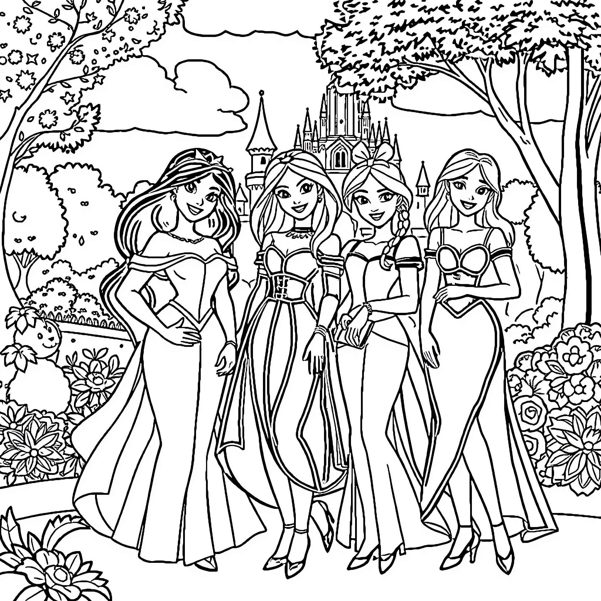 Princess friends strolling through enchanted castle grounds Coloring Page (free black-and-white line drawing printable PDF for all, from beginners to advanced learners, including children, teens, adults, and seniors)