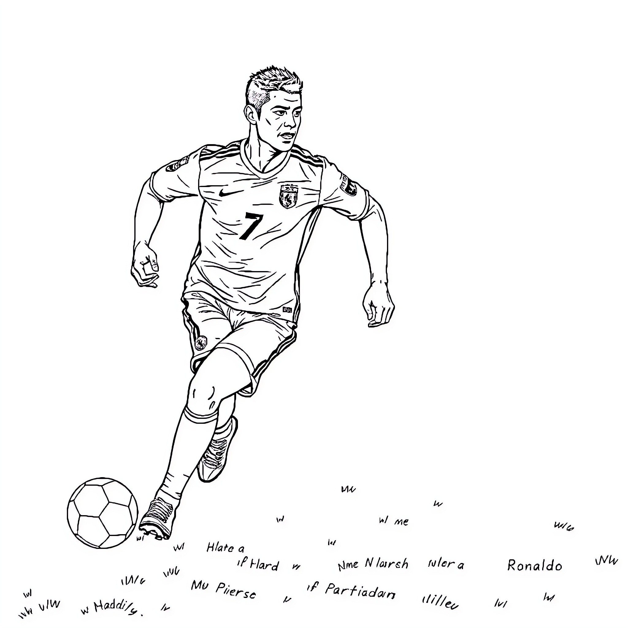 Cristiano Ronaldo playing soccer with determination Coloring Page (free black-and-white line drawing printable PDF for all, from beginners to advanced learners, including children, teens, adults, and seniors)