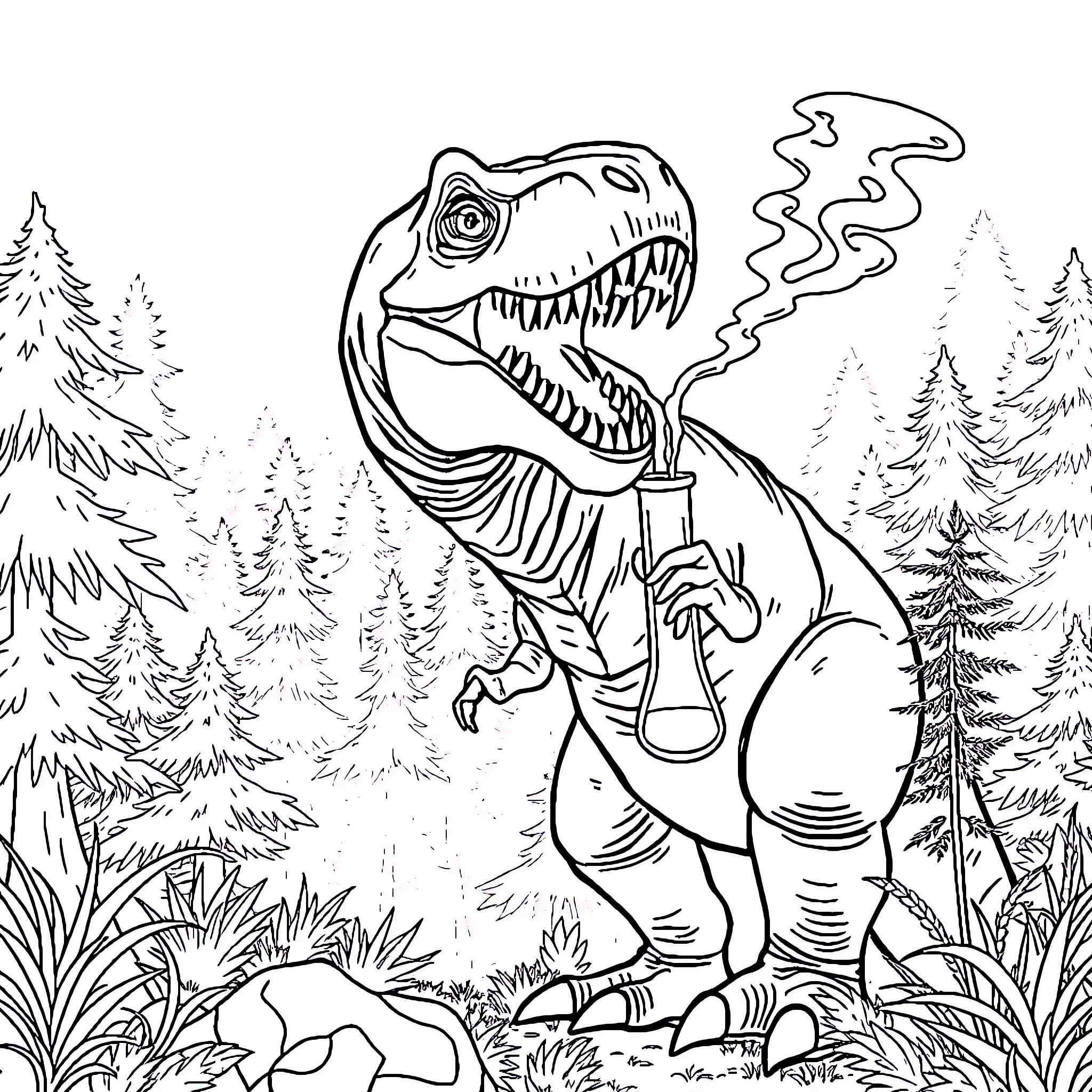 T-Rex Exhaling Smoke in the Jurassic Forest Coloring Page (free black-and-white line drawing printable PDF for all, from beginners to advanced learners, including children, teens, adults, and seniors)