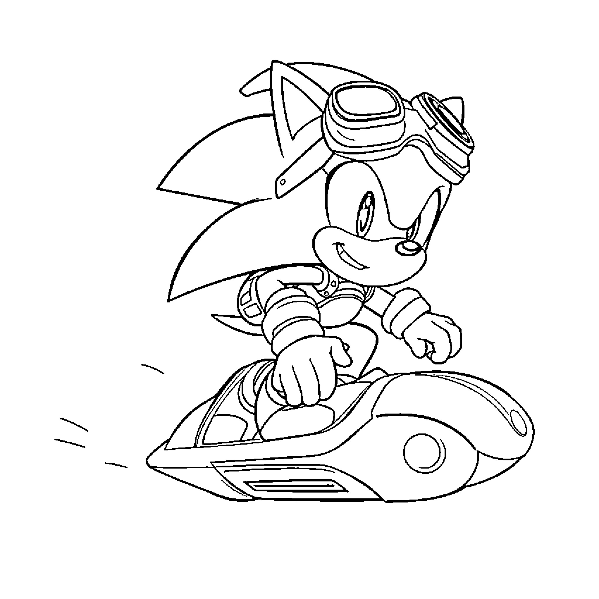 Sonic the Hedgehog riding a futuristic vehicle Coloring Page (free black-and-white line drawing printable PDF for all, from beginners to advanced learners, including children, teens, adults, and seniors)