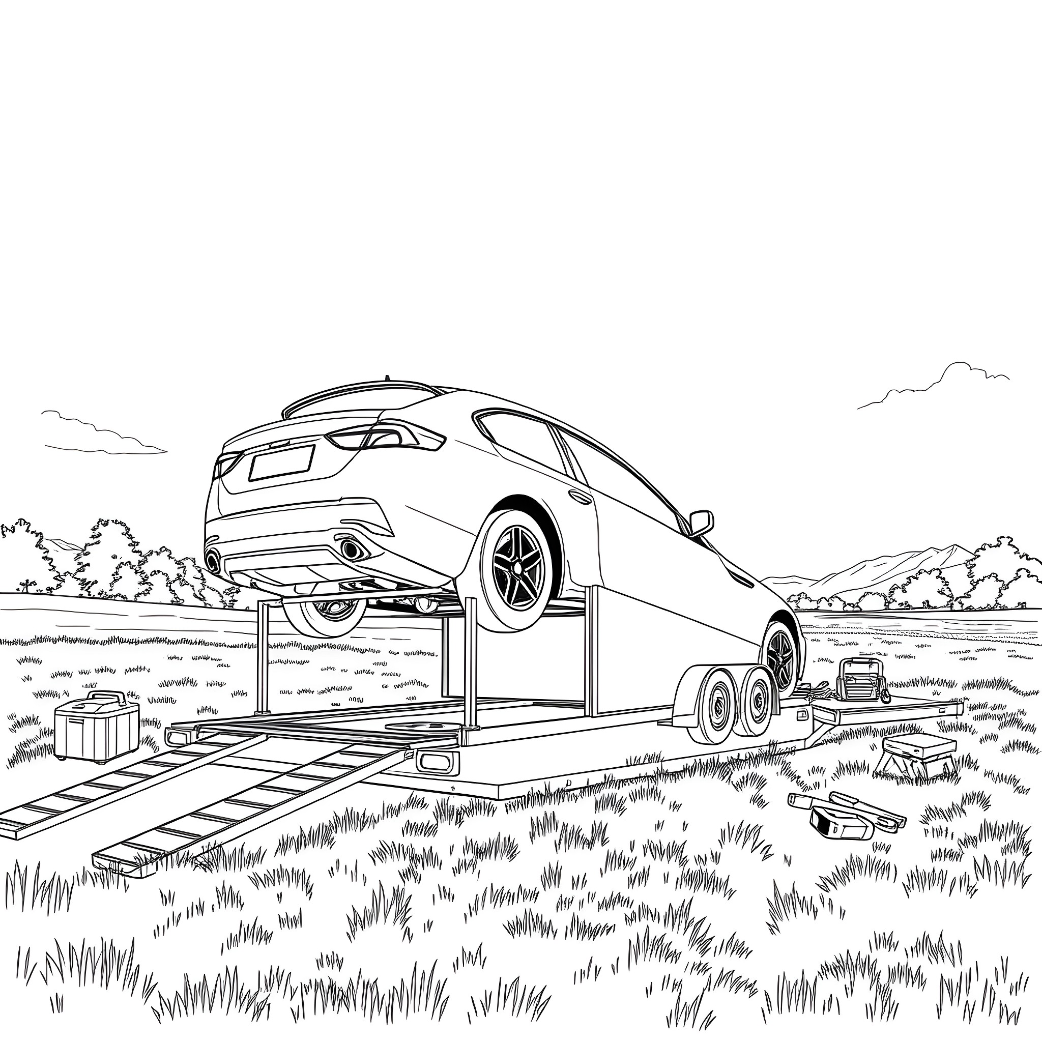 Car Trailer Transporting Vehicle on Rural Road Coloring Page (free black-and-white line drawing printable PDF for all, from beginners to advanced learners, including children, teens, adults, and seniors)