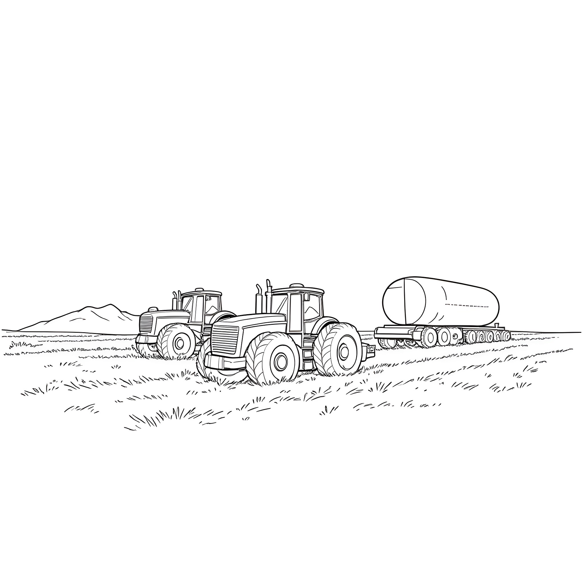 Tractors transporting cargo in rural landscape Coloring Page (free black-and-white line drawing printable PDF for all, from beginners to advanced learners, including children, teens, adults, and seniors)