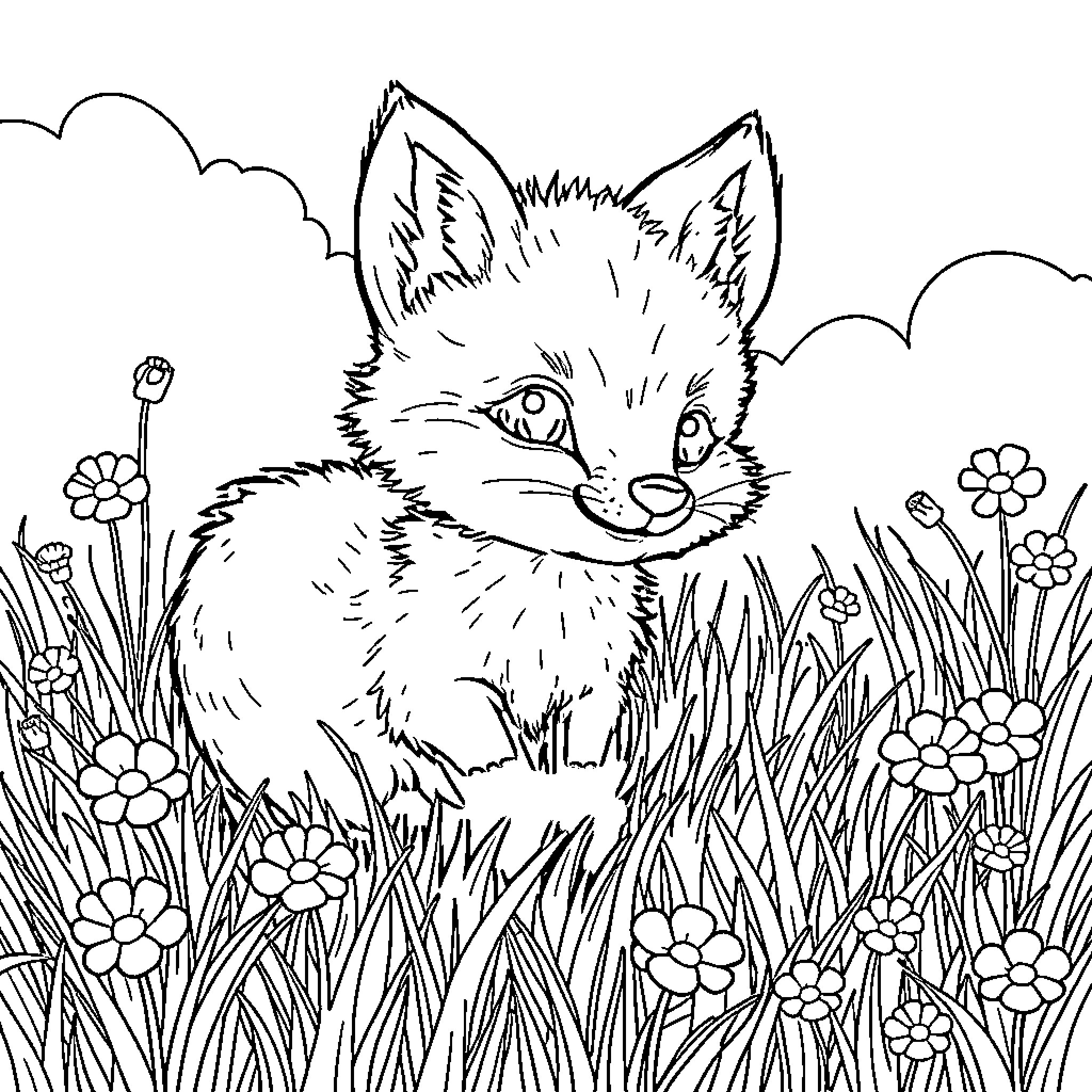 Fox playfully exploring a floral meadow Coloring Page (free black-and-white line drawing printable PDF for all, from beginners to advanced learners, including children, teens, adults, and seniors)
