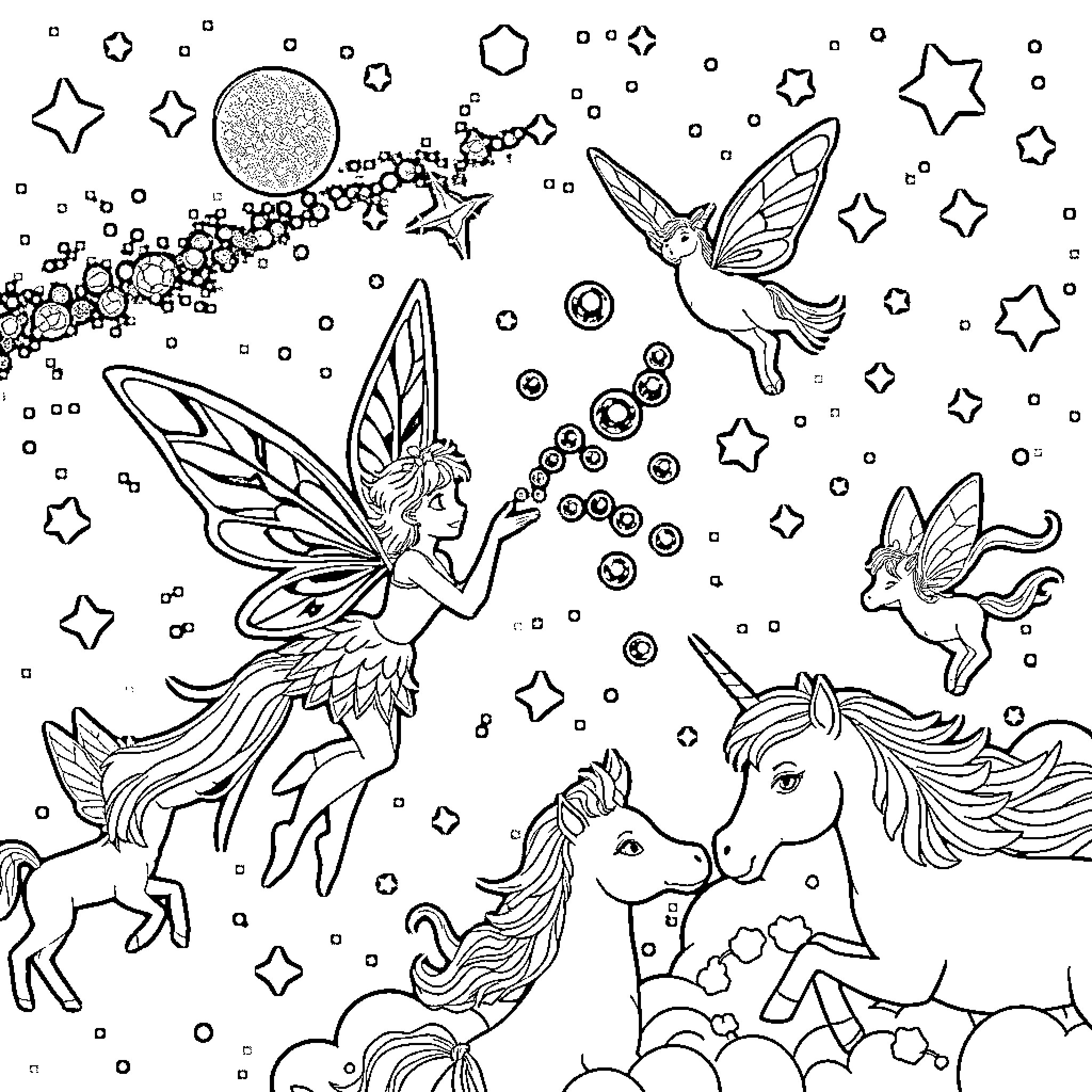 Fairy-like creatures interacting with unicorns and stars Coloring Page (free black-and-white line drawing printable PDF for all, from beginners to advanced learners, including children, teens, adults, and seniors)
