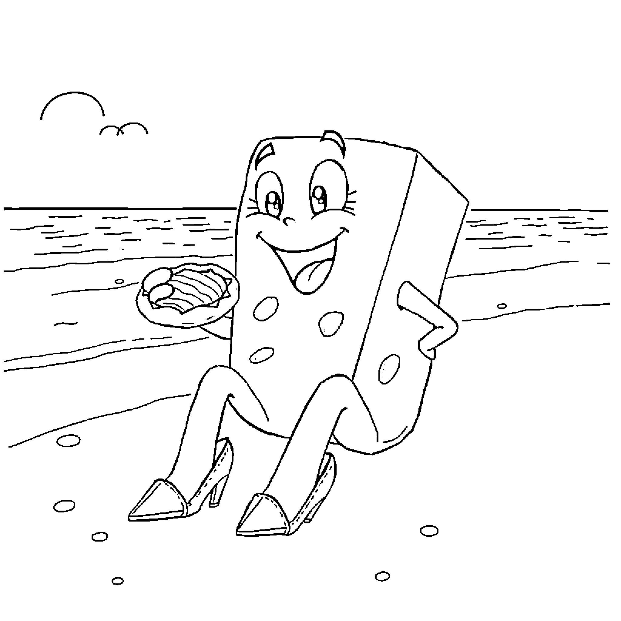 Cheese having a fun day at the beach Coloring Page (free black-and-white line drawing printable PDF for all, from beginners to advanced learners, including children, teens, adults, and seniors)
