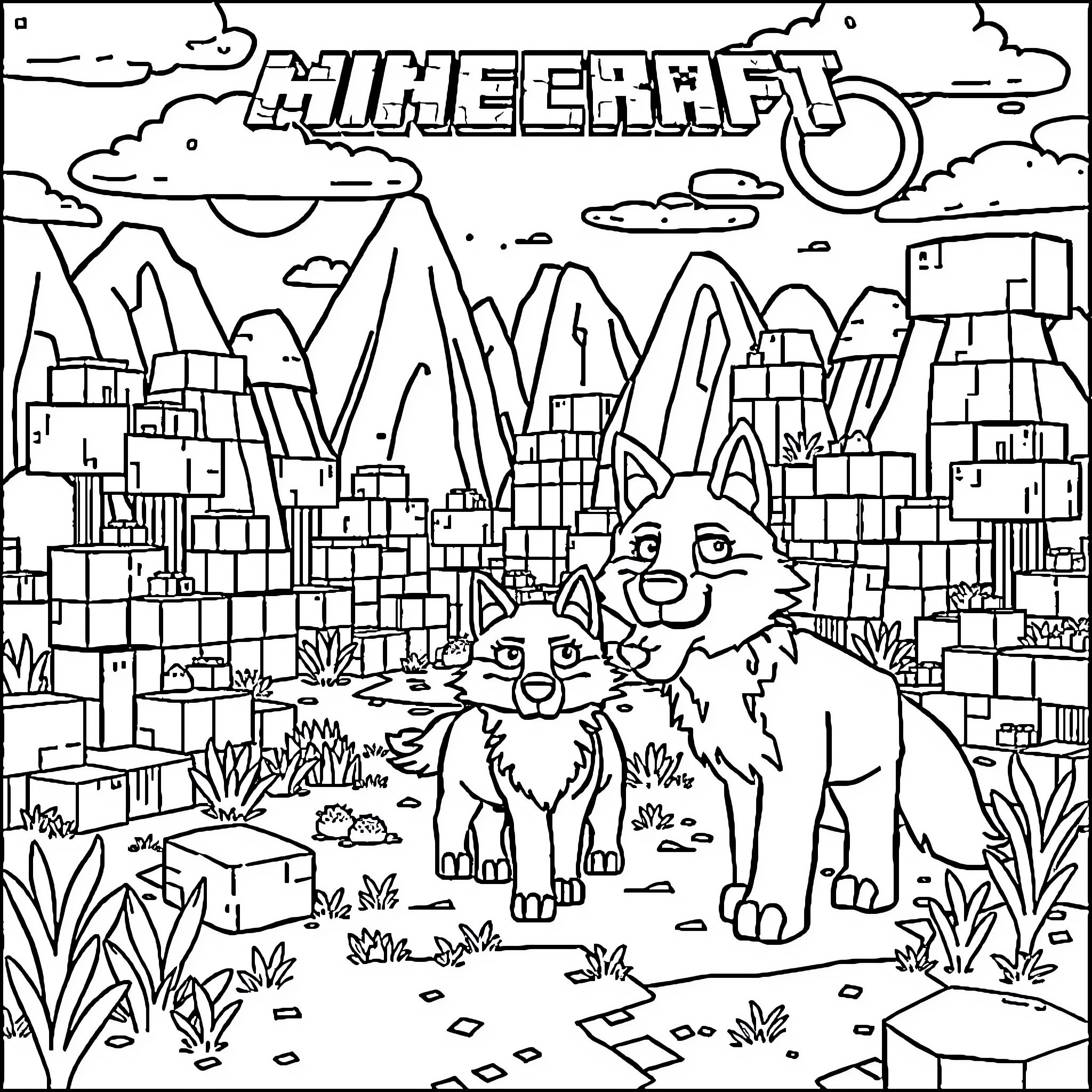 Wolf Duo Exploring Minecraft Landscape Coloring Page (free black-and-white line drawing printable PDF for all, from beginners to advanced learners, including children, teens, adults, and seniors)