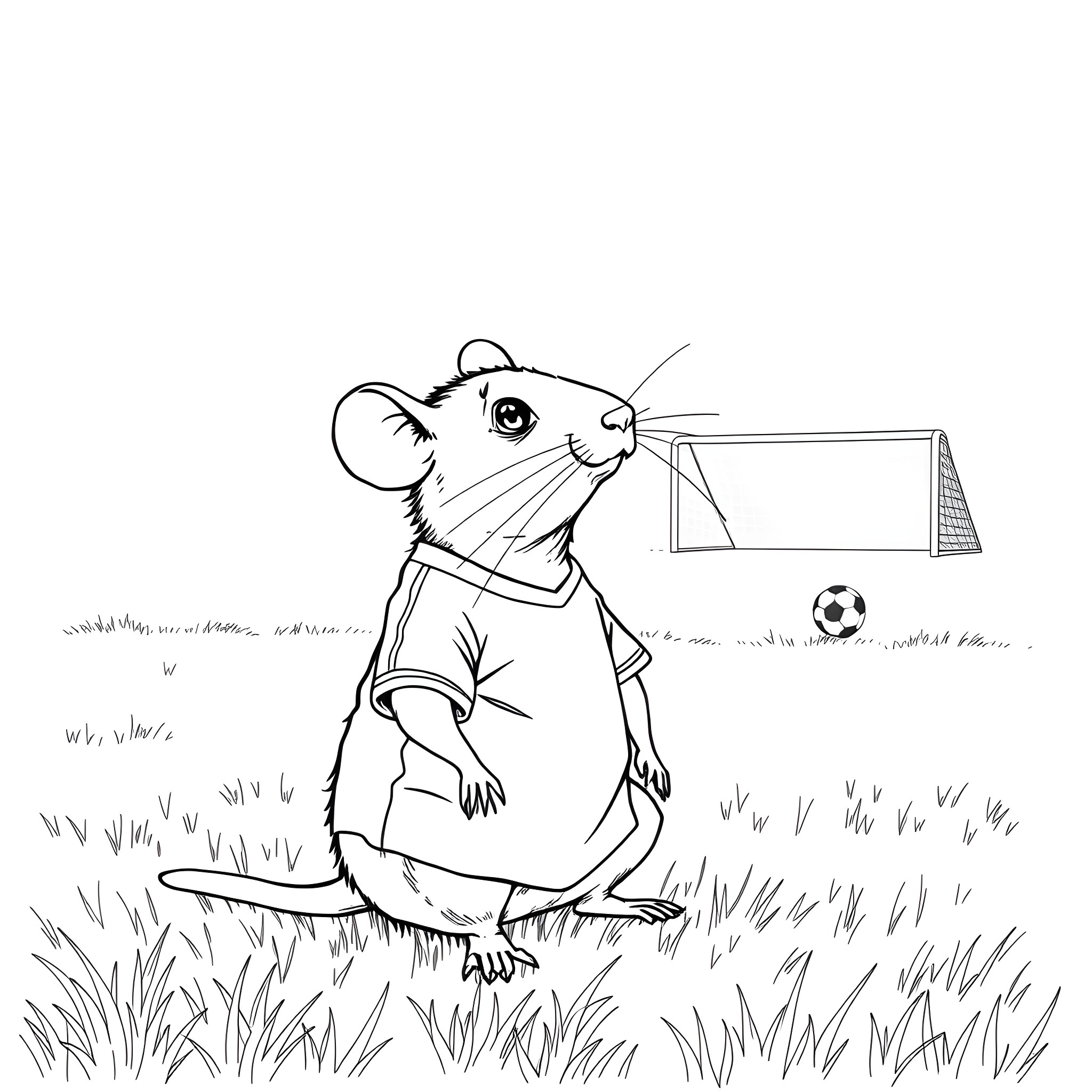 Rat playing soccer in the field Coloring Page (free black-and-white line drawing printable PDF for all, from beginners to advanced learners, including children, teens, adults, and seniors)