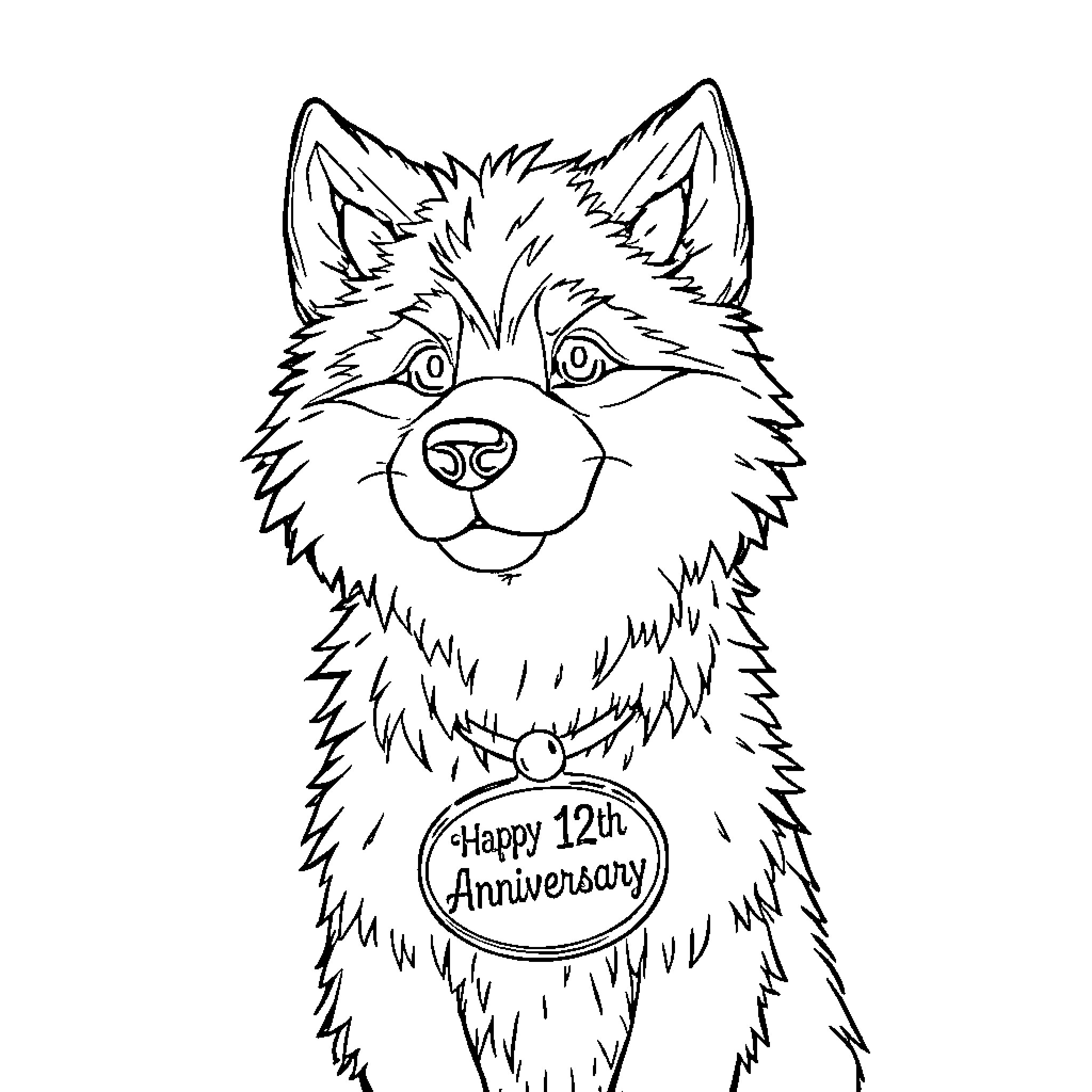Wolf celebrating happy anniversary Coloring Page (free black-and-white line drawing printable PDF for all, from beginners to advanced learners, including children, teens, adults, and seniors)