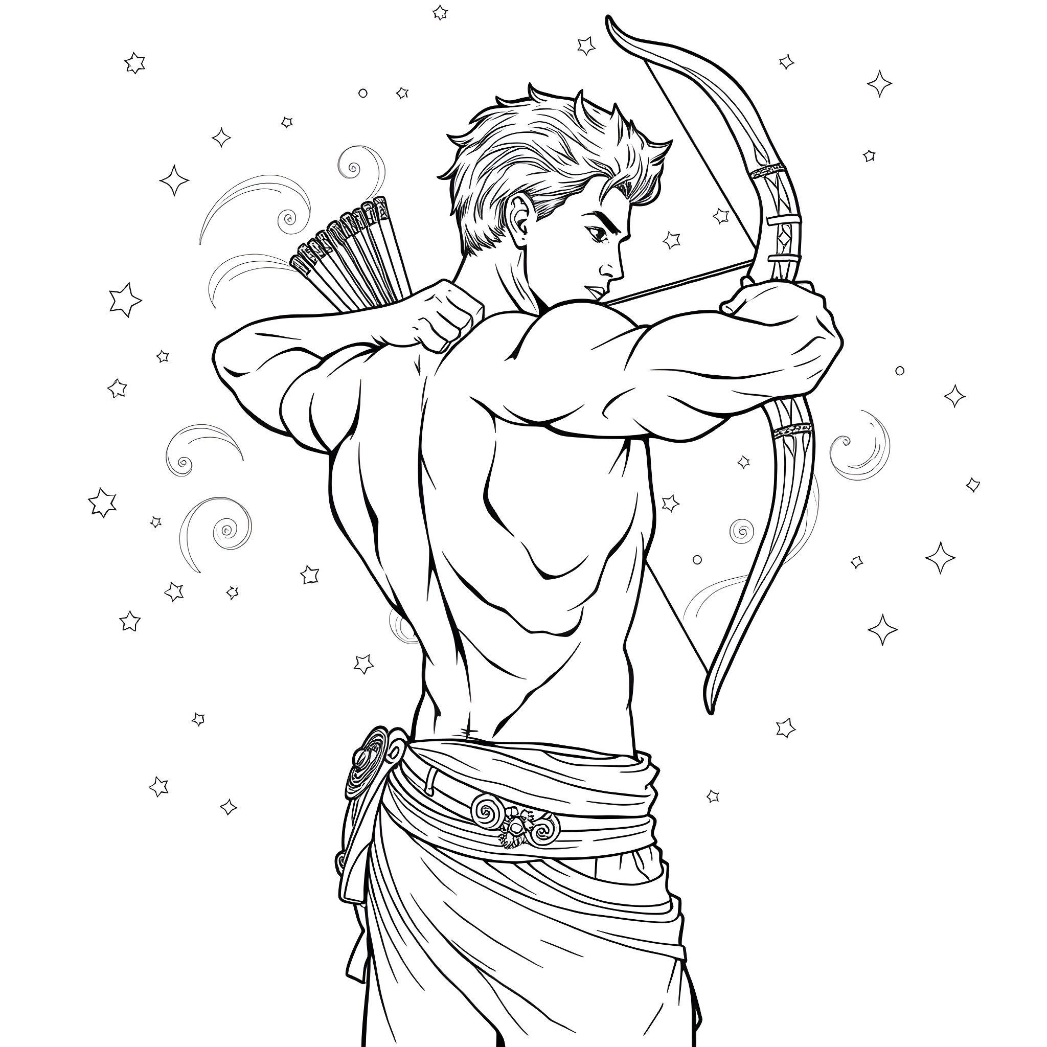 Archer in Heroic Pose Amidst Celestial Backdrop Coloring Page (free black-and-white line drawing printable PDF for all, from beginners to advanced learners, including children, teens, adults, and seniors)