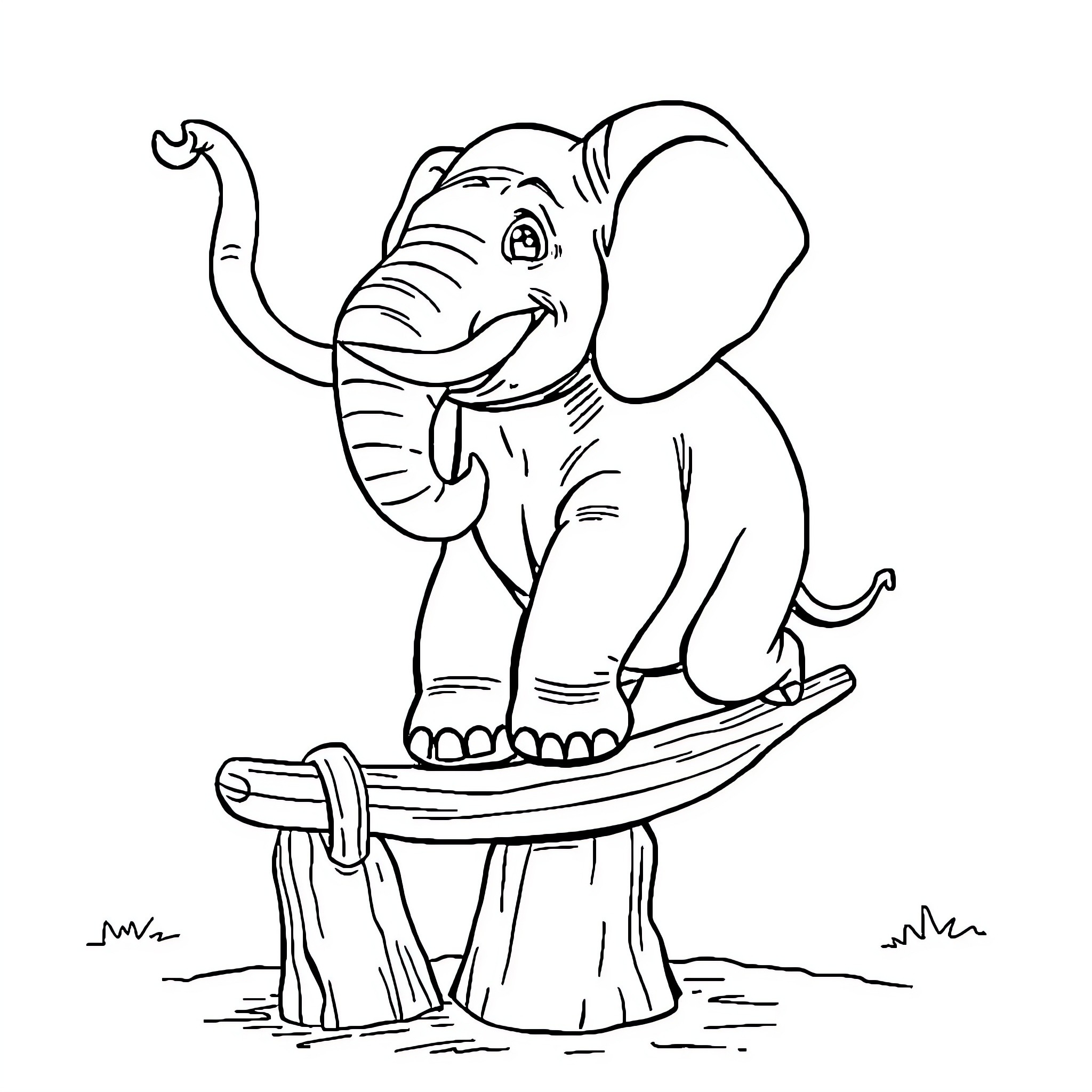 Elephant playing happily on a wooden log Coloring Page (free black-and-white line drawing printable PDF for all, from beginners to advanced learners, including children, teens, adults, and seniors)