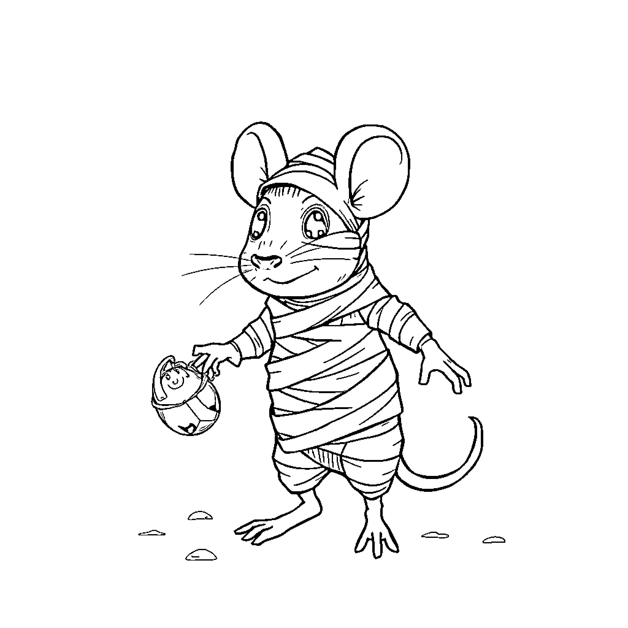 Mouse in mummy costume holding pumpkin basket Coloring Page (free black-and-white line drawing printable PDF for all, from beginners to advanced learners, including children, teens, adults, and seniors)