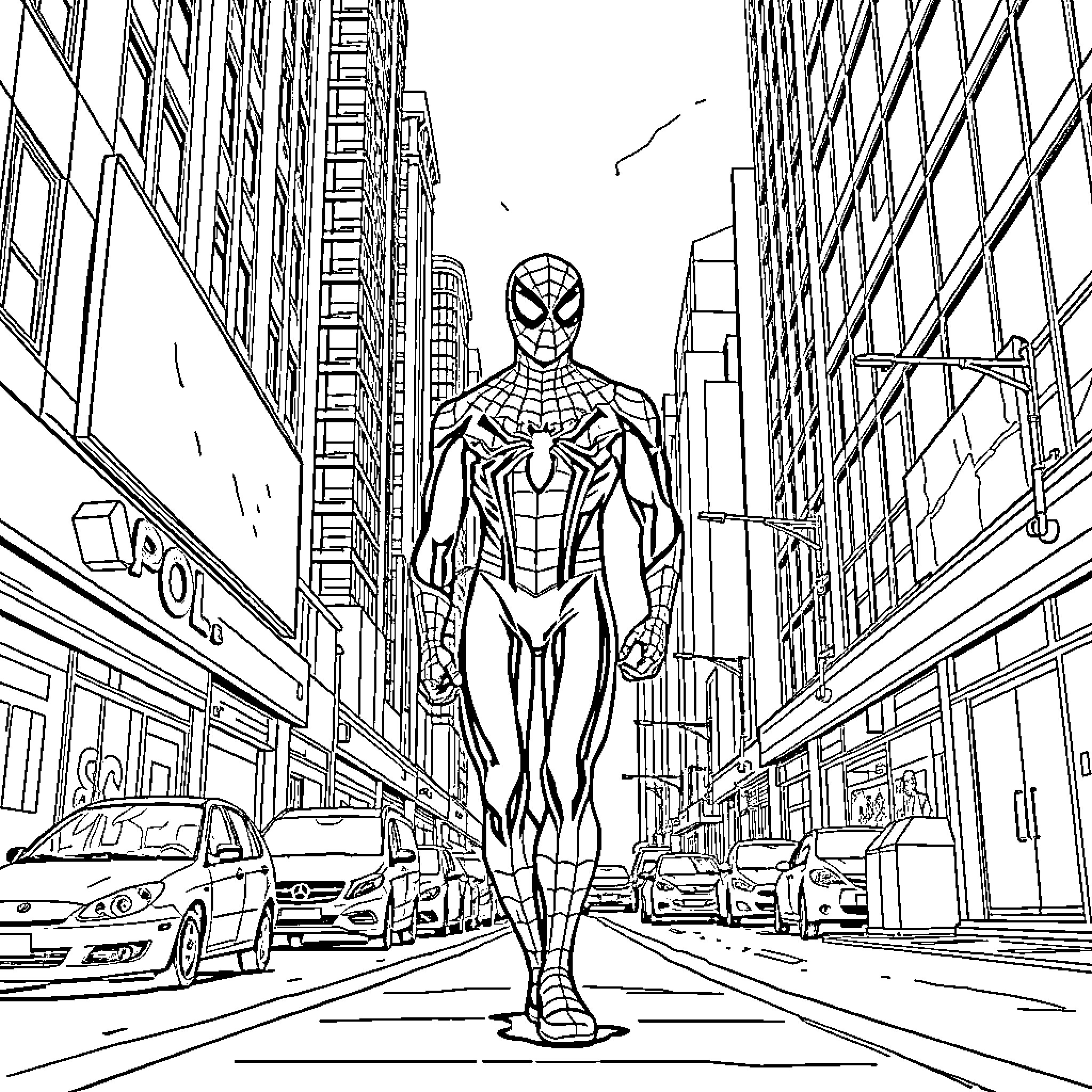 Spider-Man swinging through the city streets Coloring Page (free black-and-white line drawing printable PDF for all, from beginners to advanced learners, including children, teens, adults, and seniors)