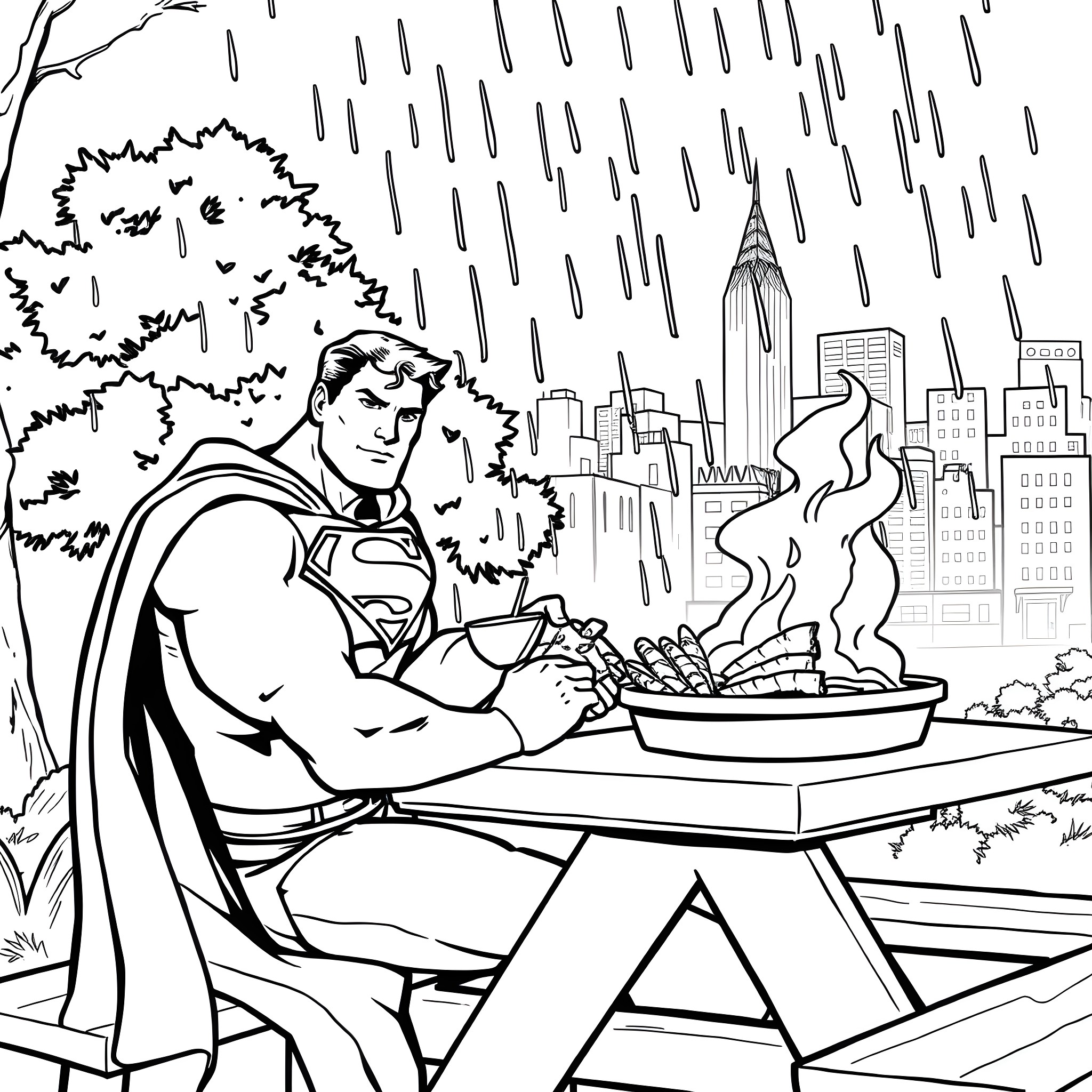 Superman battles the elements in the big city Coloring Page (free black-and-white line drawing printable PDF for all, from beginners to advanced learners, including children, teens, adults, and seniors)