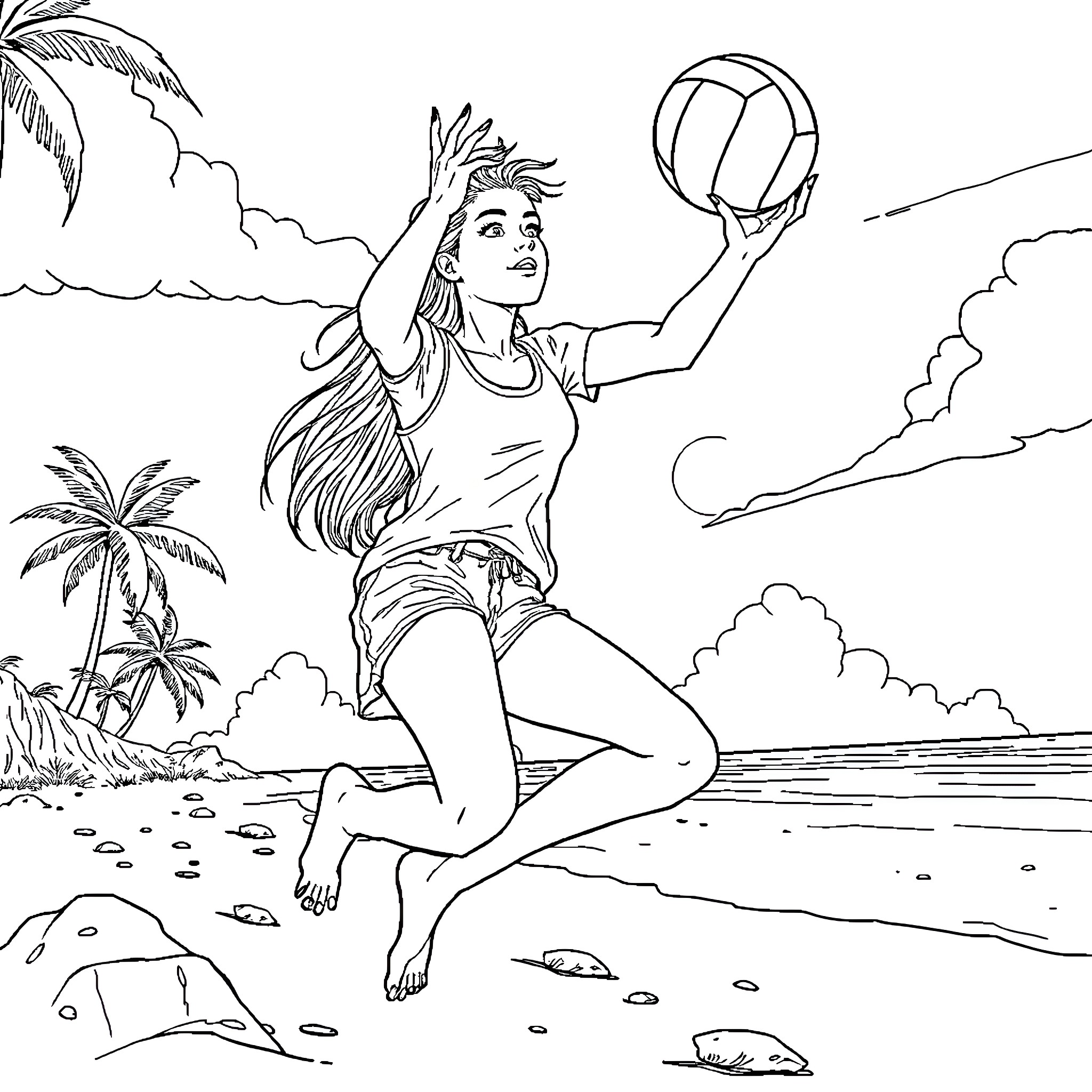 Teenager playing beach volleyball on tropical shore Coloring Page (free black-and-white line drawing printable PDF for all, from beginners to advanced learners, including children, teens, adults, and seniors)