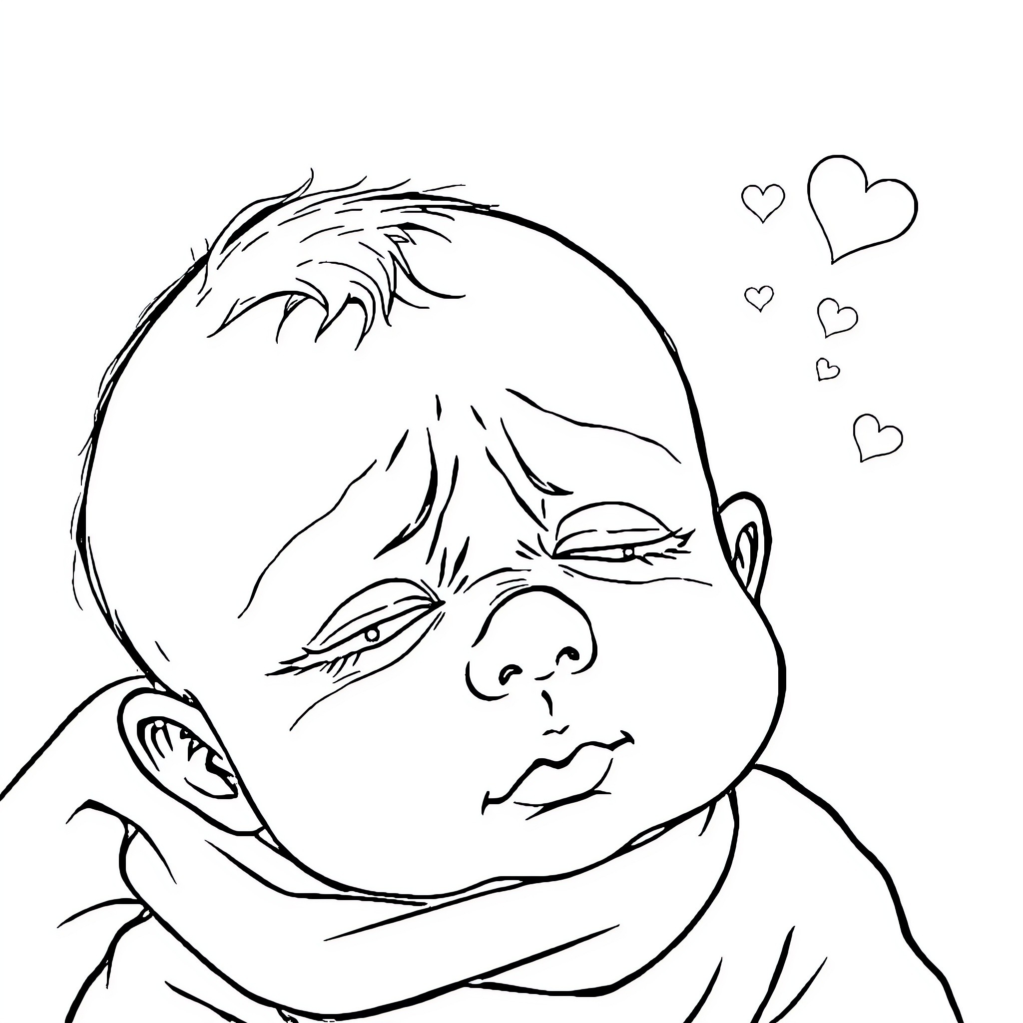Baby with closed eyes and hearts floating around Coloring Page (free black-and-white line drawing printable PDF for all, from beginners to advanced learners, including children, teens, adults, and seniors)