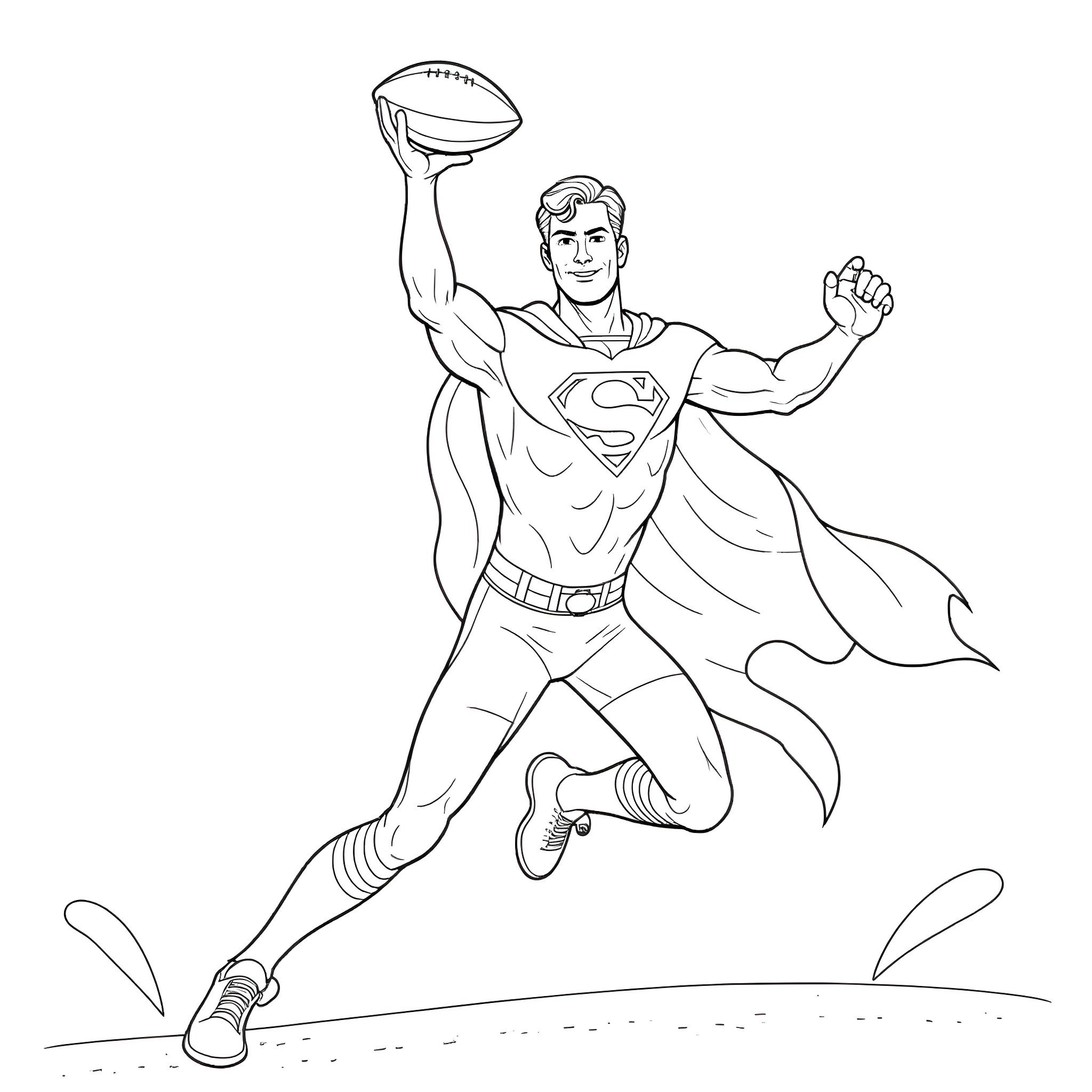 Superman catching a football in midair Coloring Page (free black-and-white line drawing printable PDF for all, from beginners to advanced learners, including children, teens, adults, and seniors)