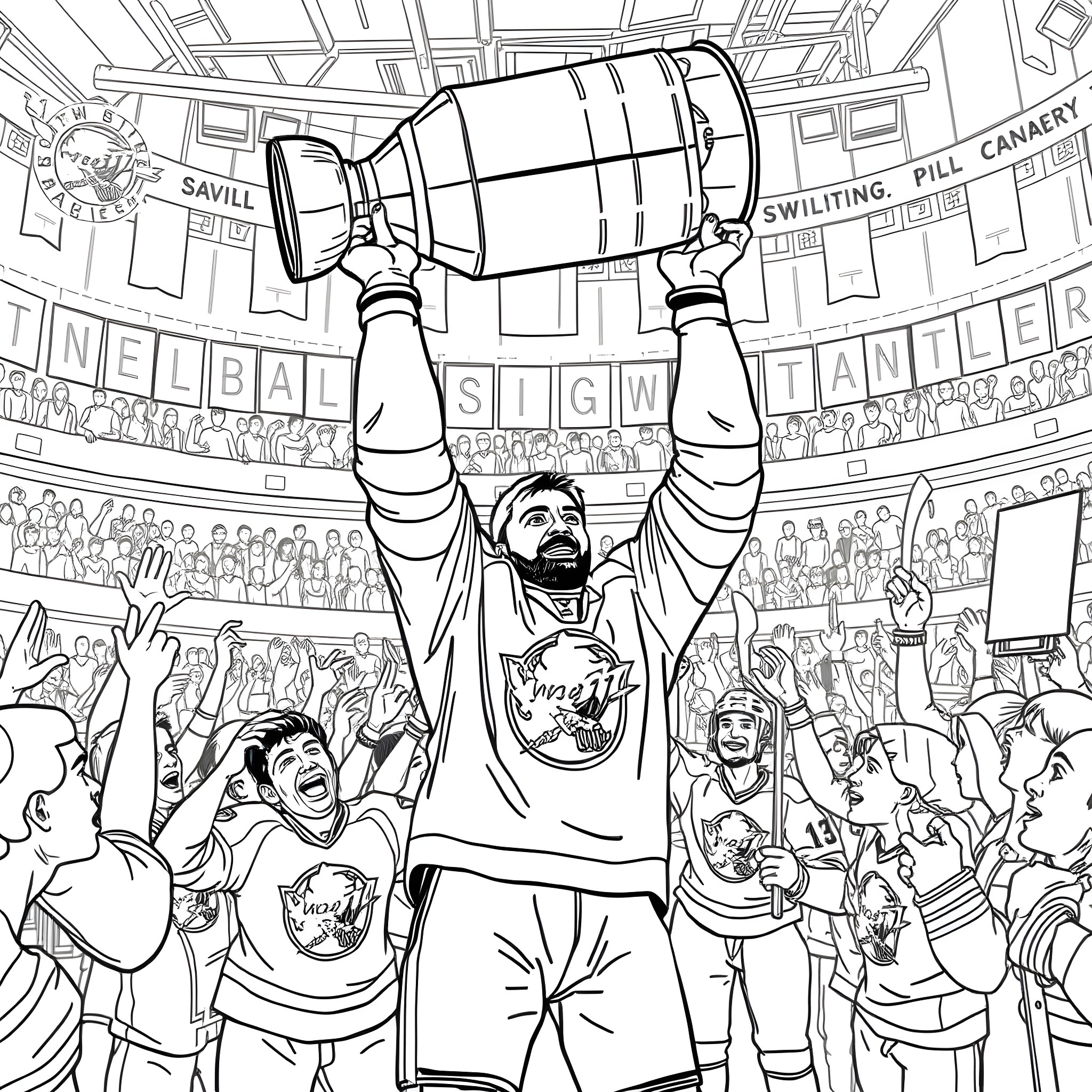 Leon Draisaitl celebrating with trophy in hockey arena Coloring Page (free black-and-white line drawing printable PDF for all, from beginners to advanced learners, including children, teens, adults, and seniors)