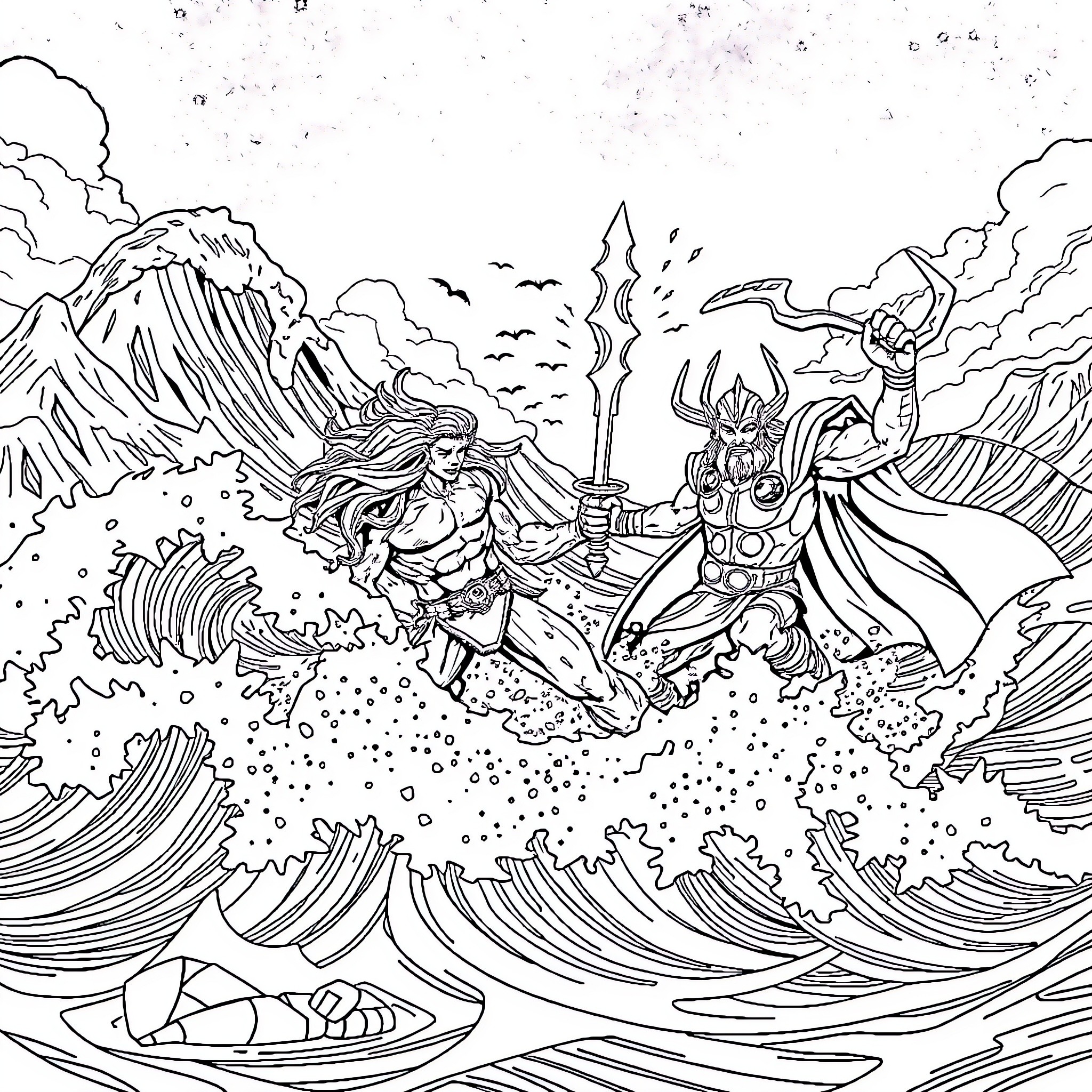 Poseidon battling the waves with his mighty trident Coloring Page (free black-and-white line drawing printable PDF for all, from beginners to advanced learners, including children, teens, adults, and seniors)