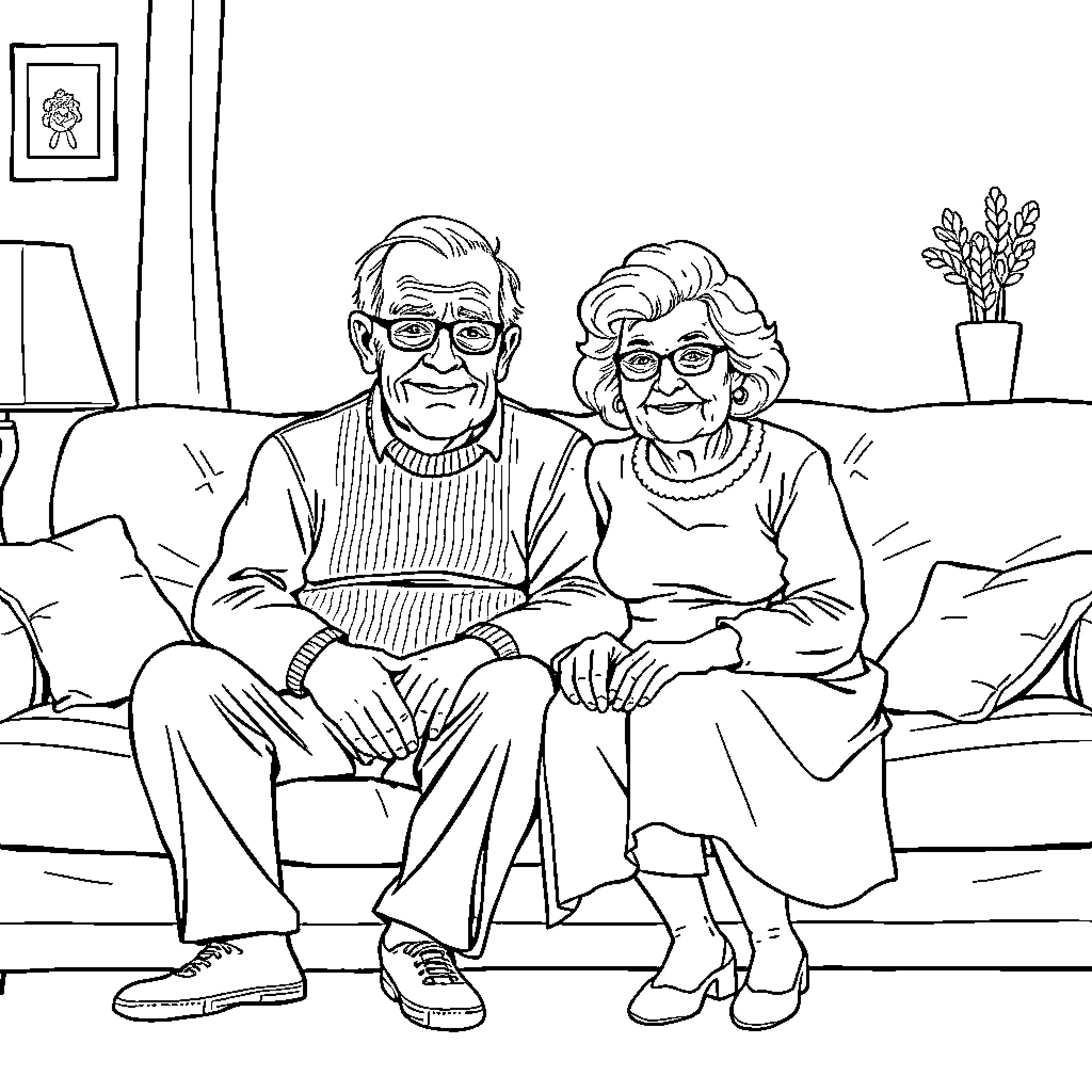 Husband and Wife Sharing a Moment of Contentment Coloring Page (free black-and-white line drawing printable PDF for all, from beginners to advanced learners, including children, teens, adults, and seniors)