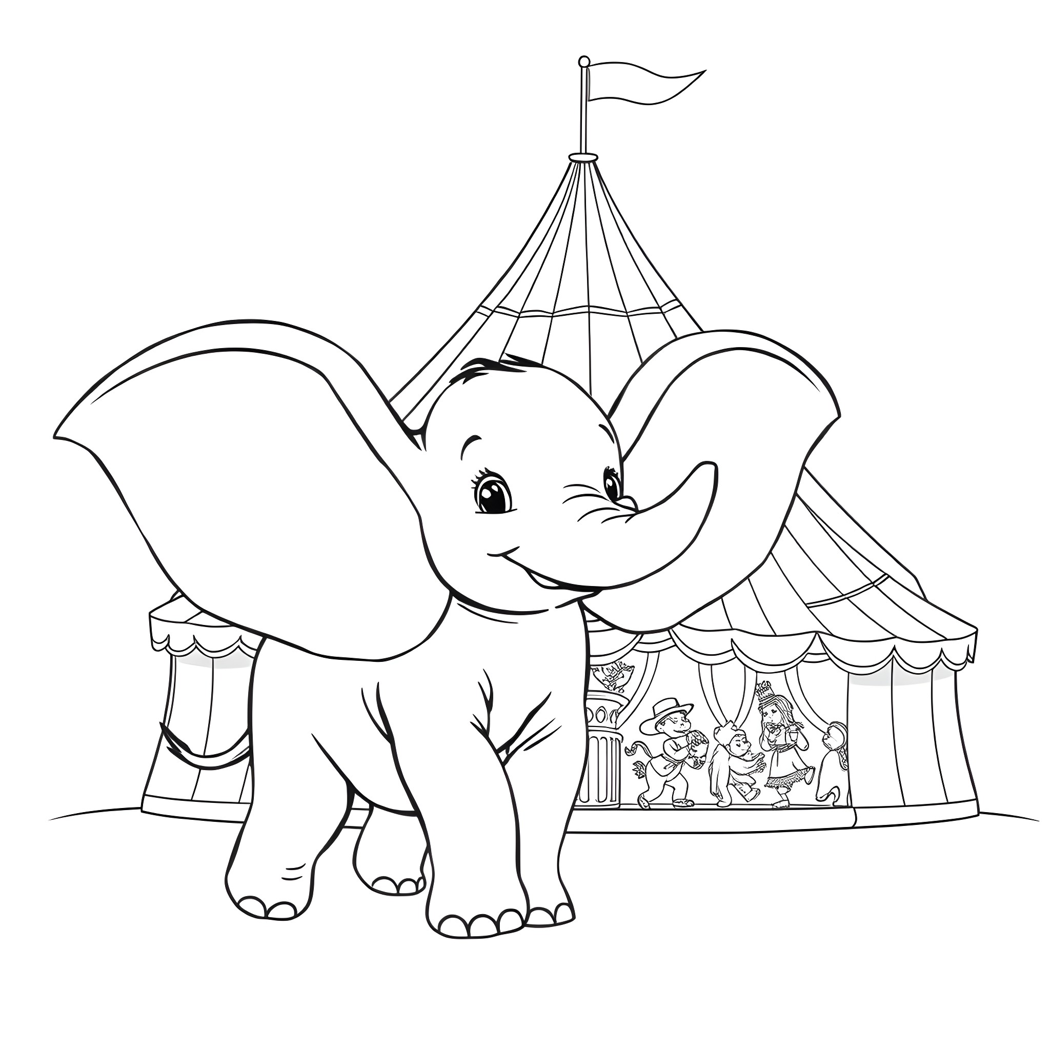 Dumbo the Elephant at the Circus Tent Coloring Page (free black-and-white line drawing printable PDF for all, from beginners to advanced learners, including children, teens, adults, and seniors)