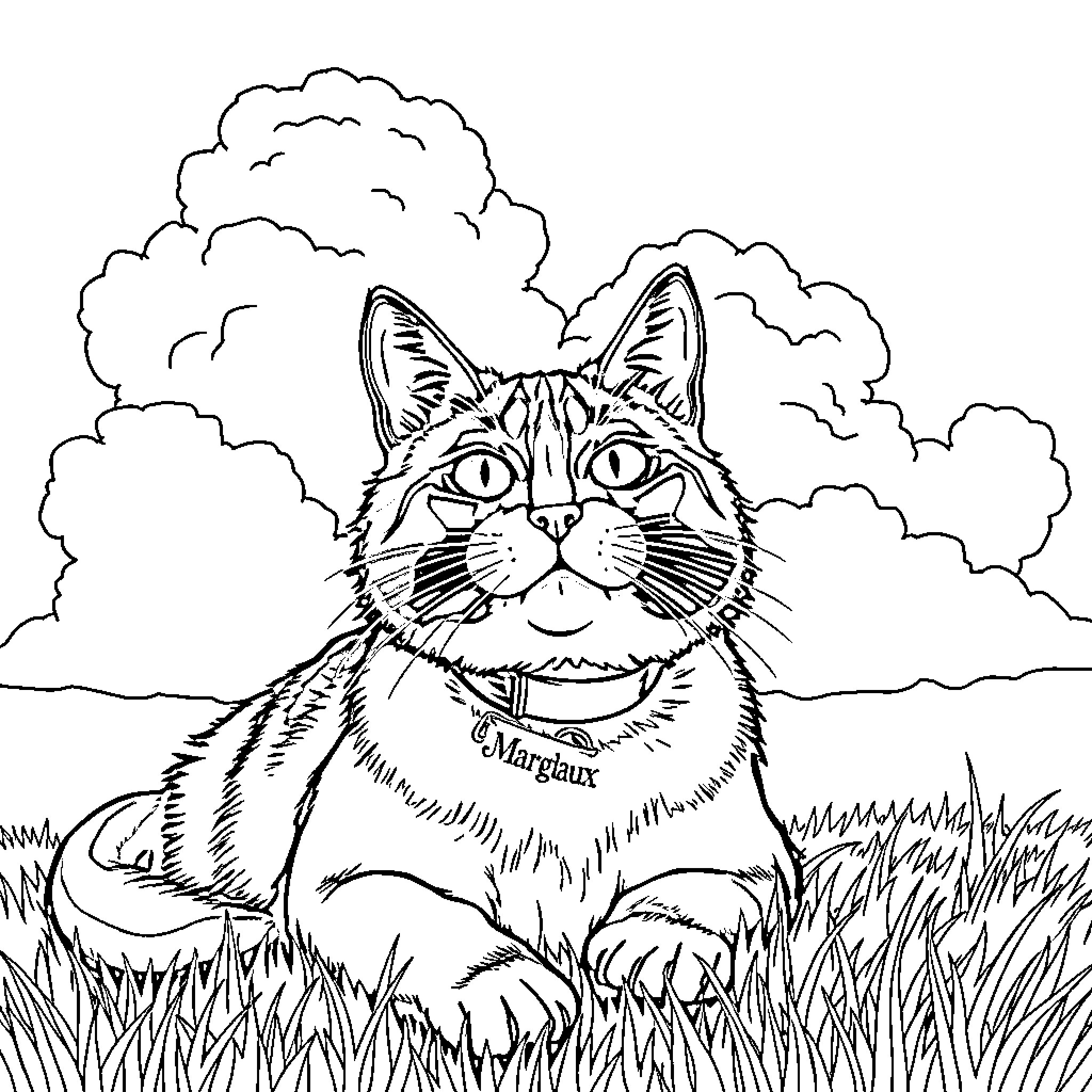 Cat relaxing in the grassy field Coloring Page (free black-and-white line drawing printable PDF for all, from beginners to advanced learners, including children, teens, adults, and seniors)