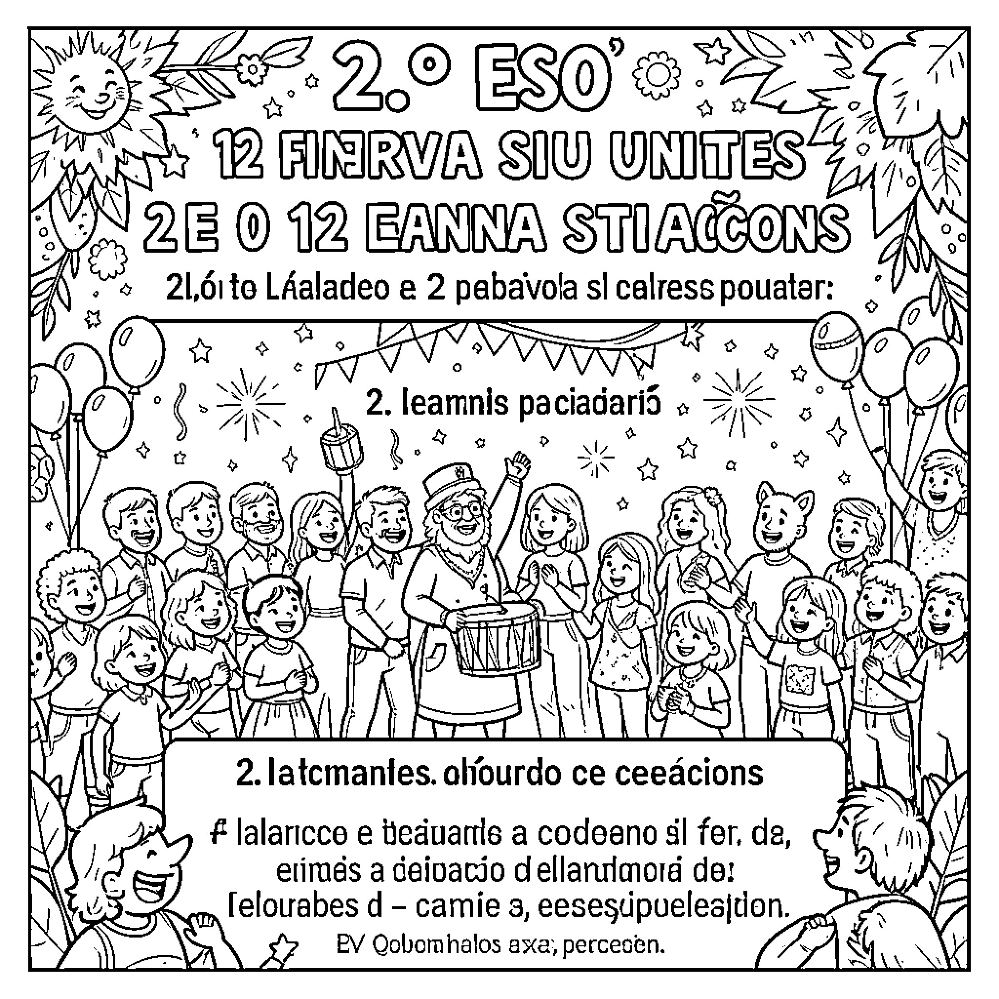 Festival celebrating with joyful children and musical instruments Coloring Page (free black-and-white line drawing printable PDF for all, from beginners to advanced learners, including children, teens, adults, and seniors)