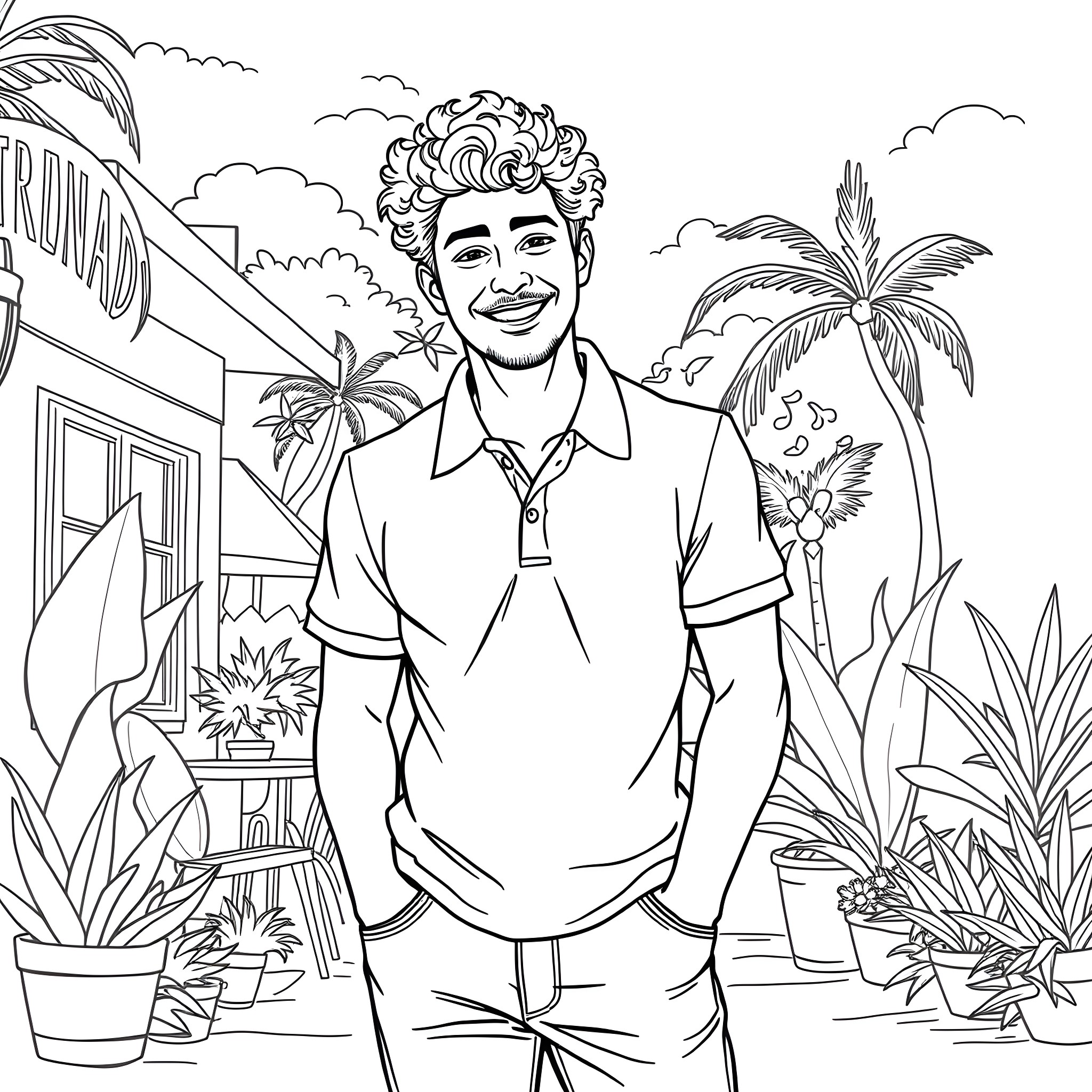 Man standing in tropical setting Coloring Page (free black-and-white line drawing printable PDF for all, from beginners to advanced learners, including children, teens, adults, and seniors)