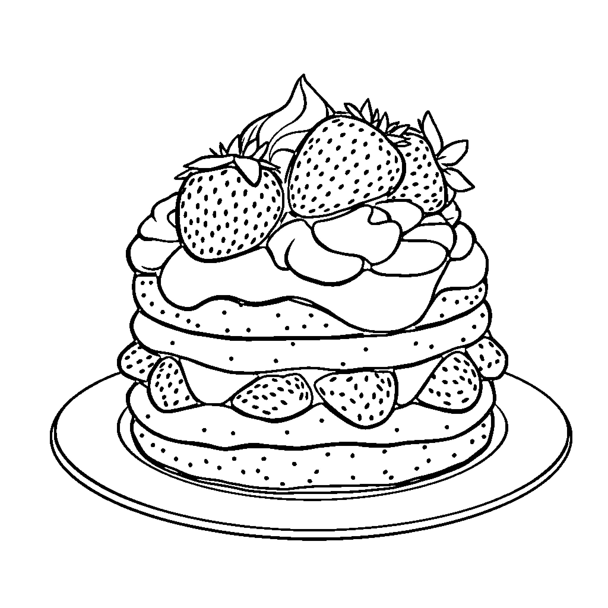 Strawberry Shortcake with Whipped Cream Topping Coloring Page (free black-and-white line drawing printable PDF for all, from beginners to advanced learners, including children, teens, adults, and seniors)