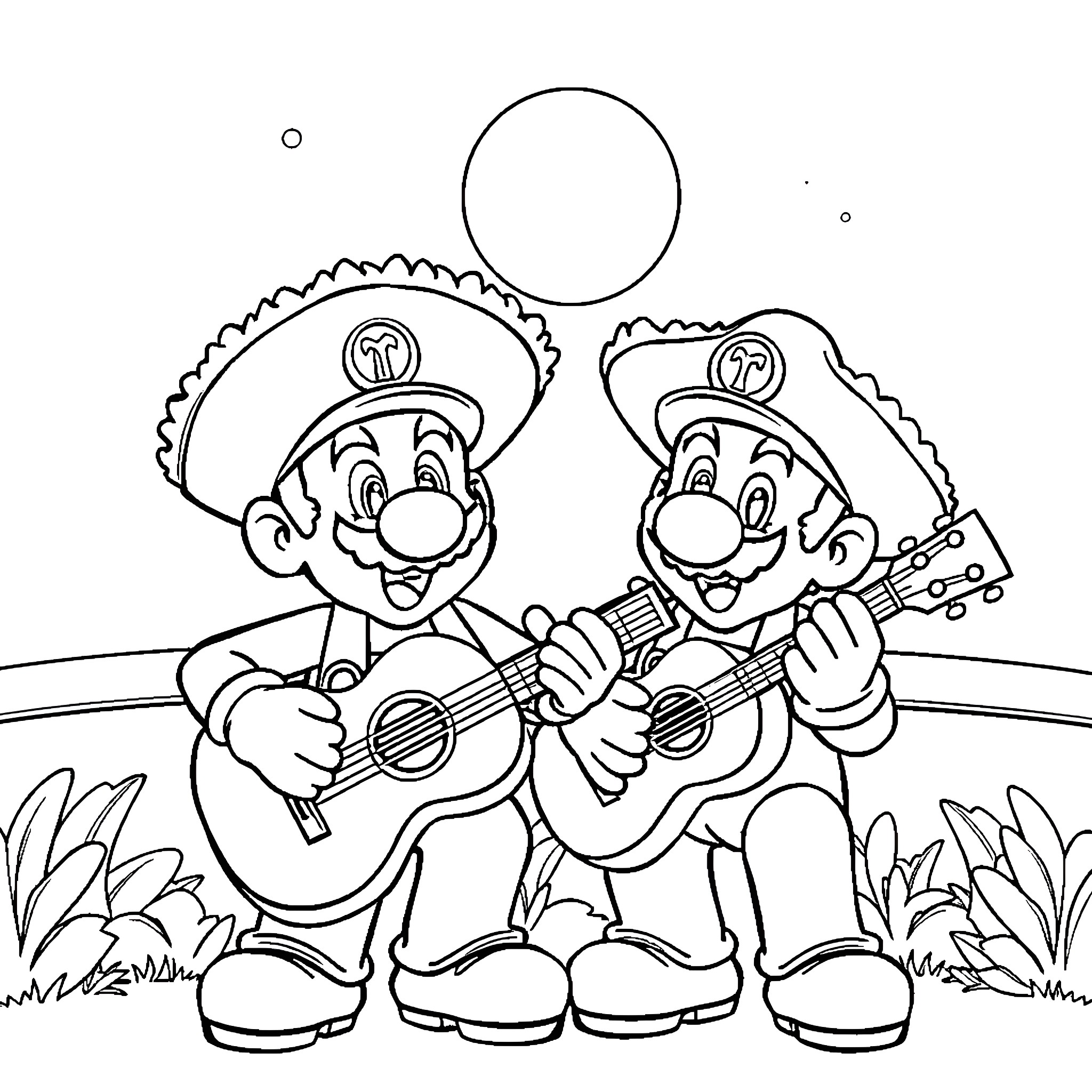 Mario and Luigi playing guitars happily in nature Coloring Page (free black-and-white line drawing printable PDF for all, from beginners to advanced learners, including children, teens, adults, and seniors)