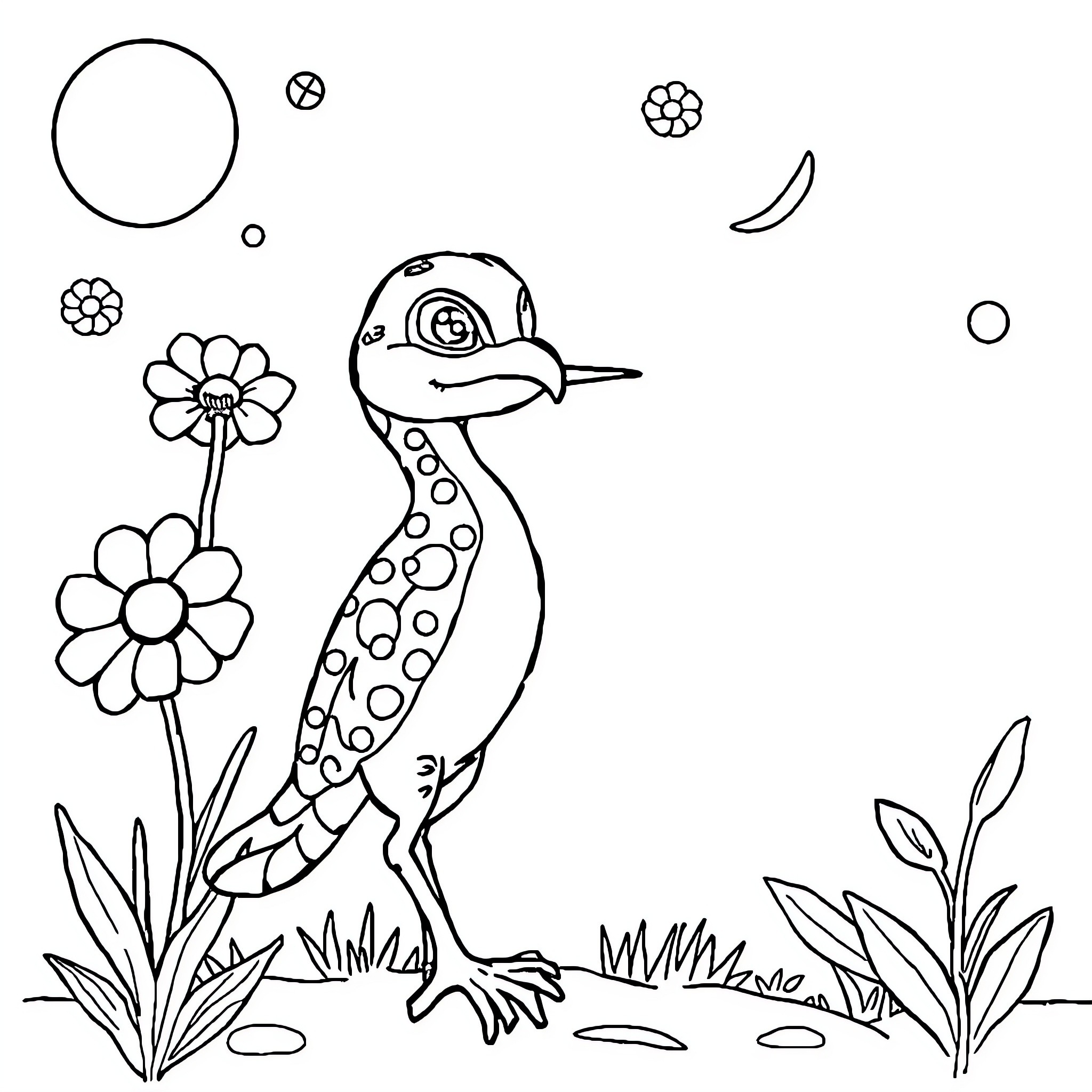 Student sketching a colorful bird in nature Coloring Page (free black-and-white line drawing printable PDF for all, from beginners to advanced learners, including children, teens, adults, and seniors)