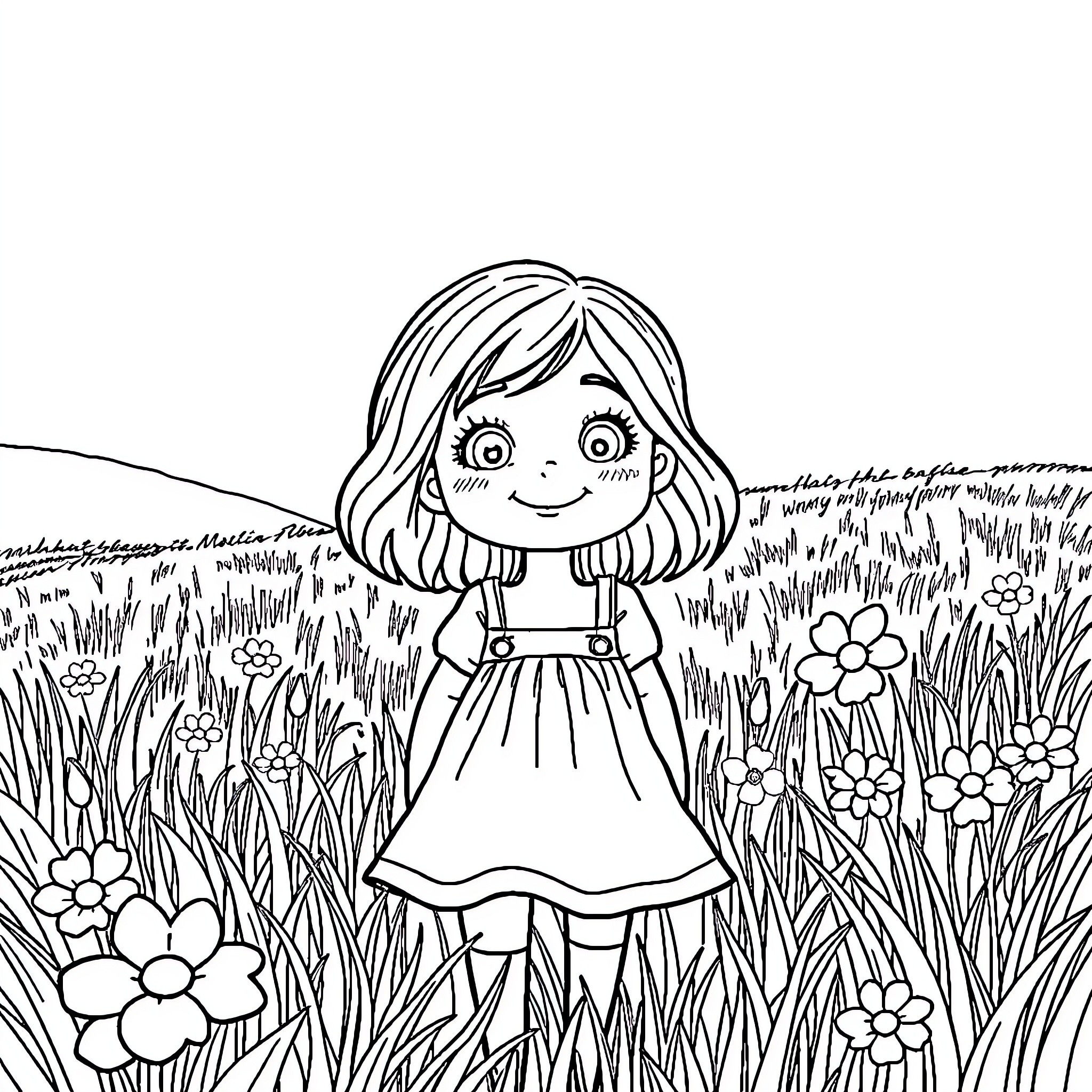 Mitia playing in a flower-filled meadow Coloring Page (free black-and-white line drawing printable PDF for all, from beginners to advanced learners, including children, teens, adults, and seniors)