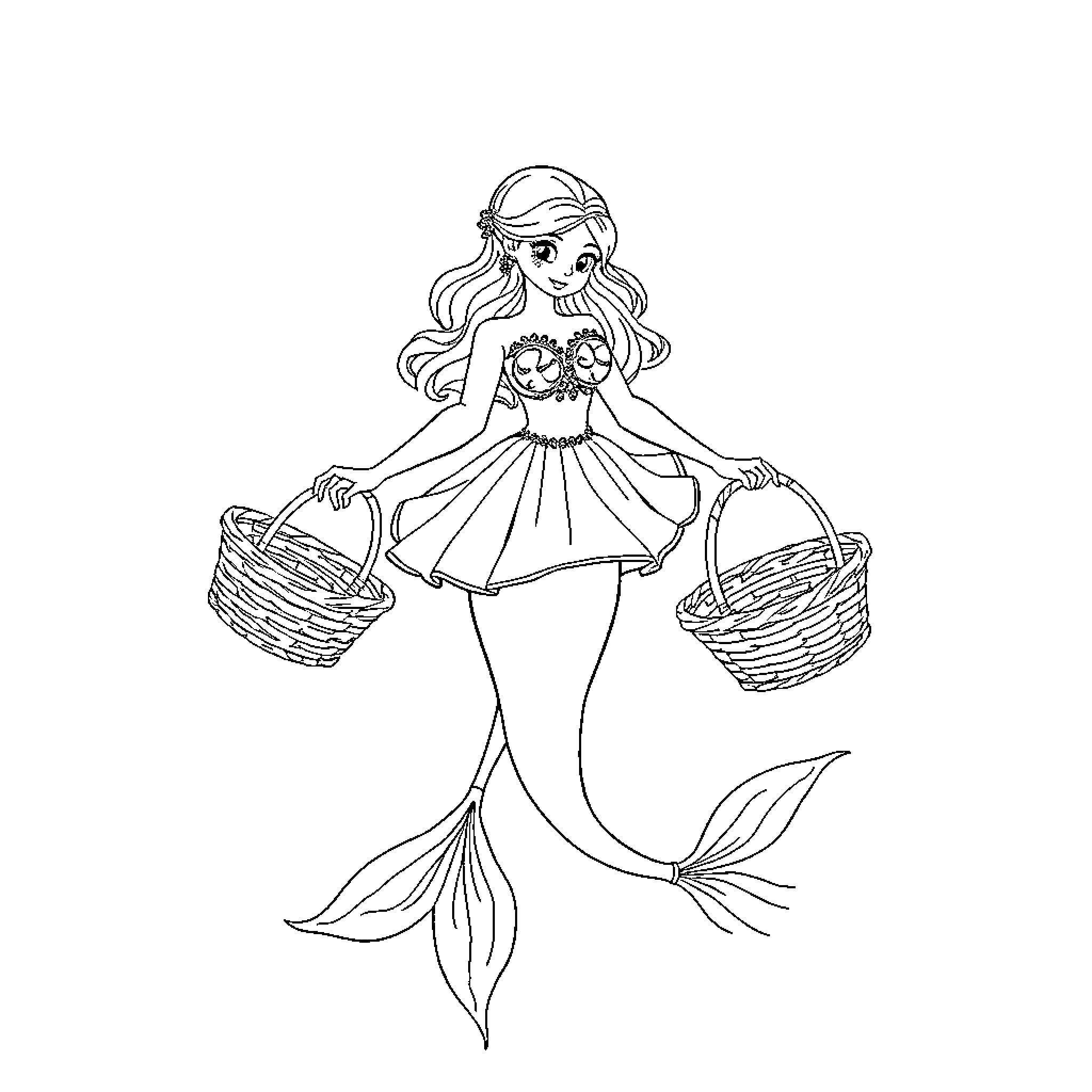 Mermaid carrying baskets in the sea Coloring Page (free black-and-white line drawing printable PDF for all, from beginners to advanced learners, including children, teens, adults, and seniors)