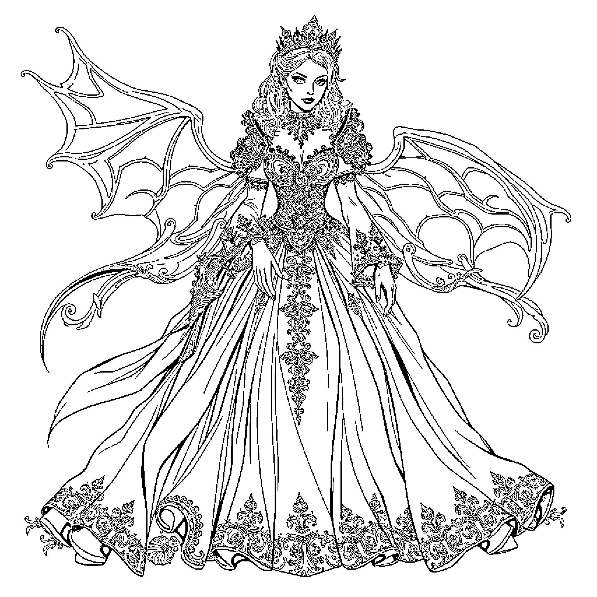 Vampire Queen in Ornate Floral Gown Coloring Page (free black-and-white line drawing printable PDF for all, from beginners to advanced learners, including children, teens, adults, and seniors)