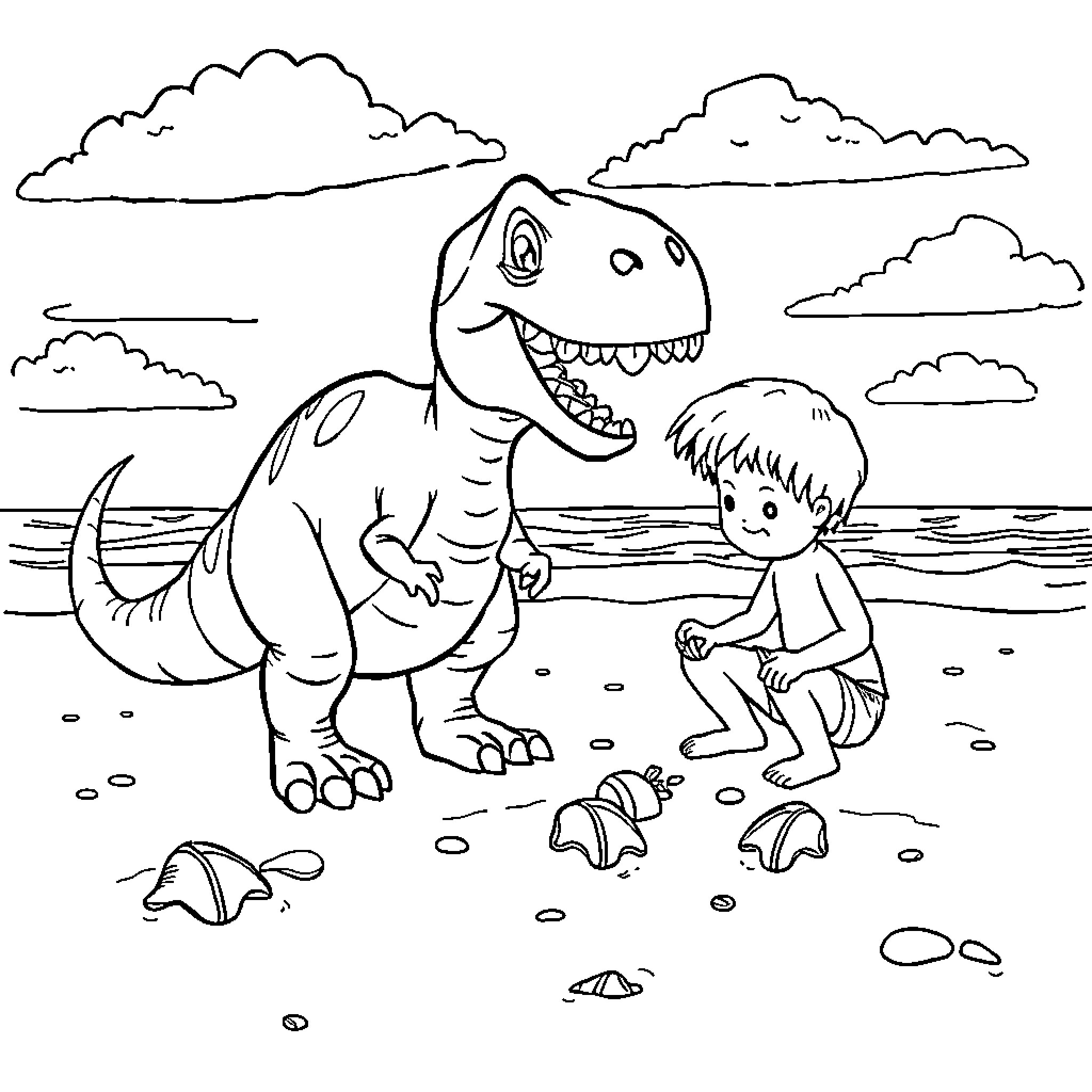 Dinosaur and Child Playing on Beach Coloring Page (free black-and-white line drawing printable PDF for all, from beginners to advanced learners, including children, teens, adults, and seniors)