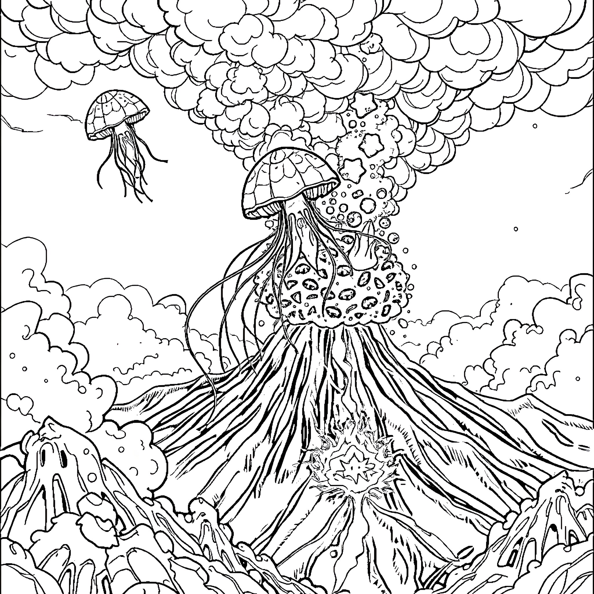 Jellyfish dancing in a mystical underwater world Coloring Page (free black-and-white line drawing printable PDF for all, from beginners to advanced learners, including children, teens, adults, and seniors)