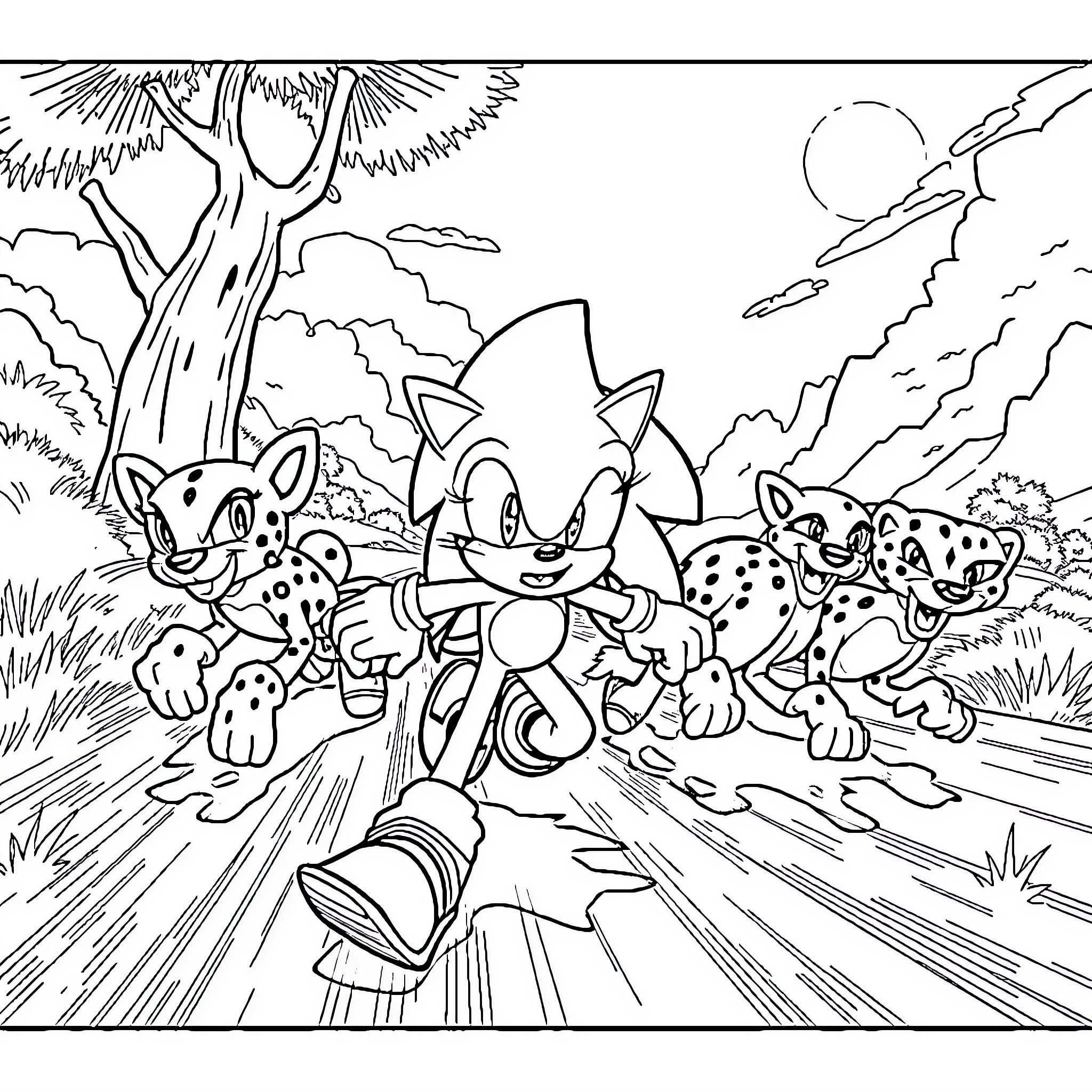 Sonic and friends explore the vibrant wildlife Coloring Page (free black-and-white line drawing printable PDF for all, from beginners to advanced learners, including children, teens, adults, and seniors)